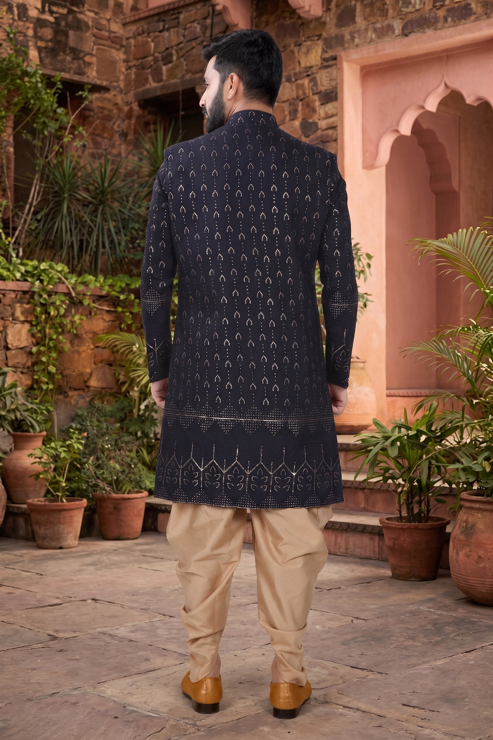 Men's SILK DARK BLUE  SEMI-INDO-WESTERN