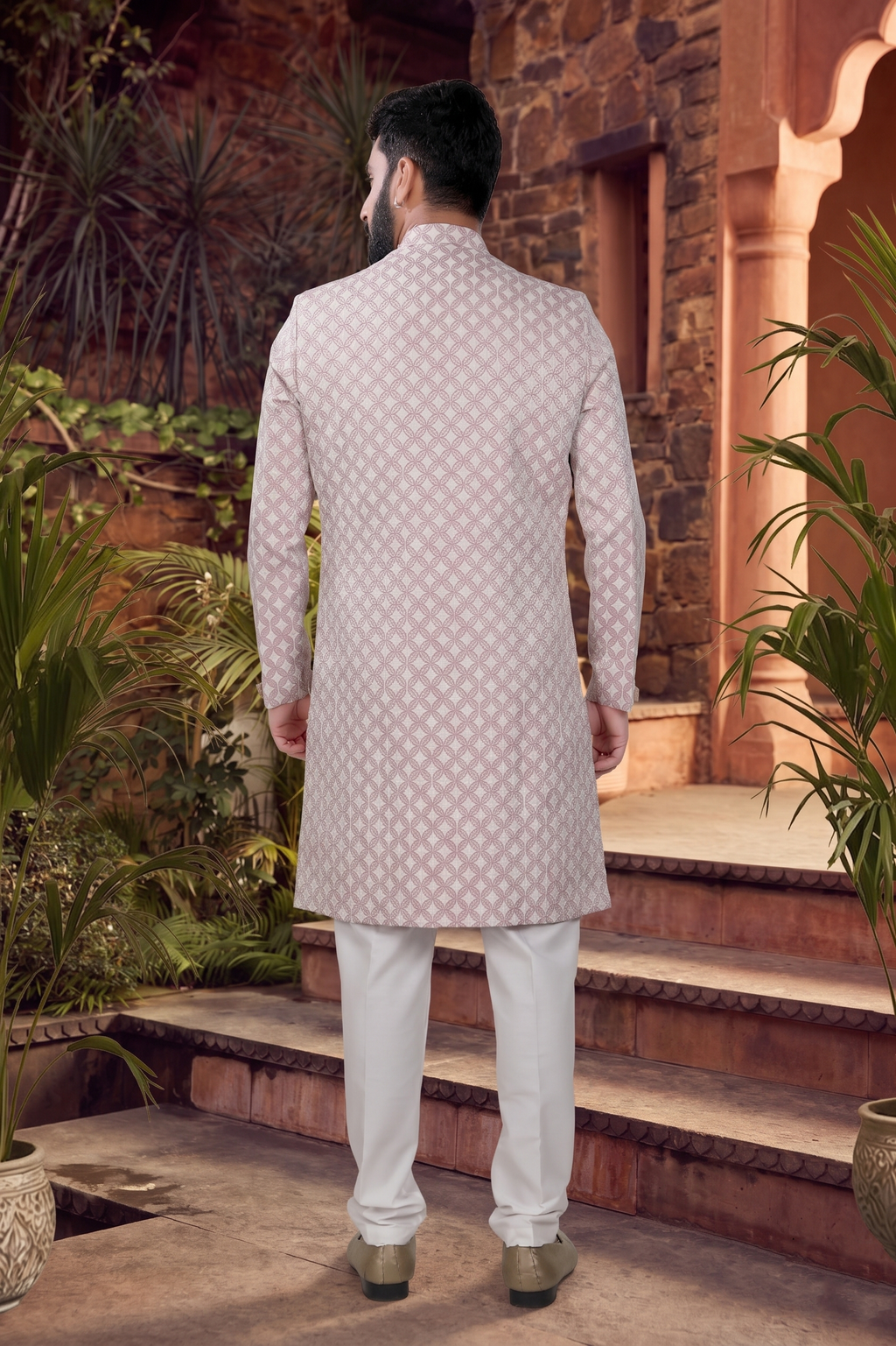 Men's WOVEN JACQUARD PINK  SEMI-INDO-WESTERN