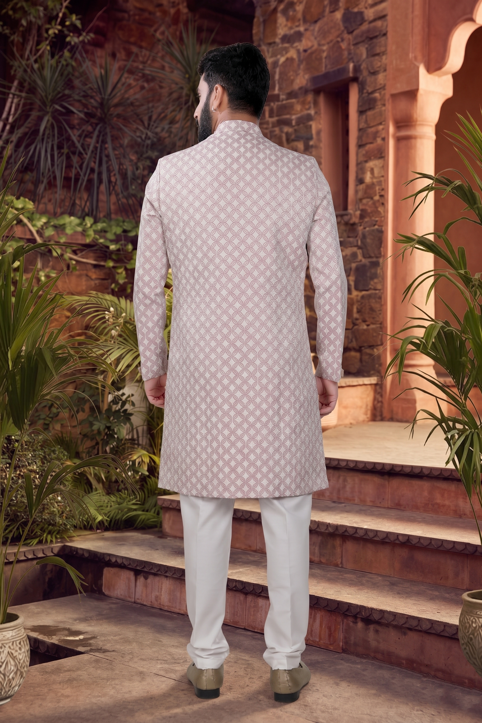 Men's WOVEN JACQUARD PINK  SEMI-INDO-WESTERN