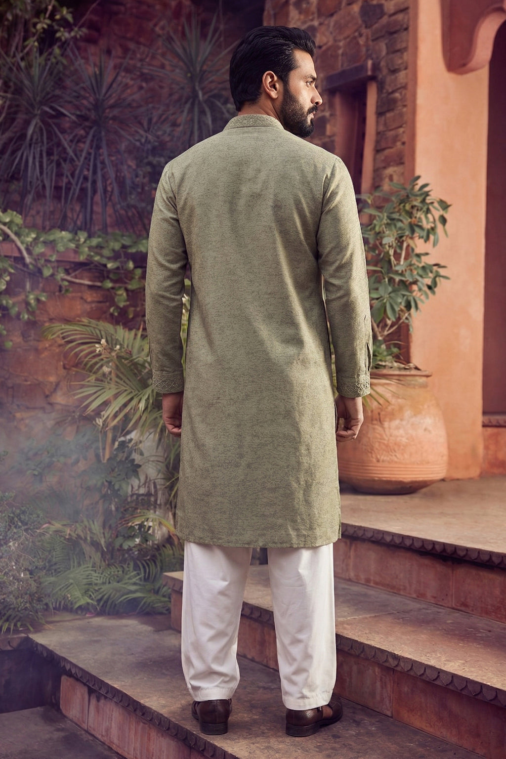 Men's Viscose Cream Woven,Embroidery Work Kurta with payjama