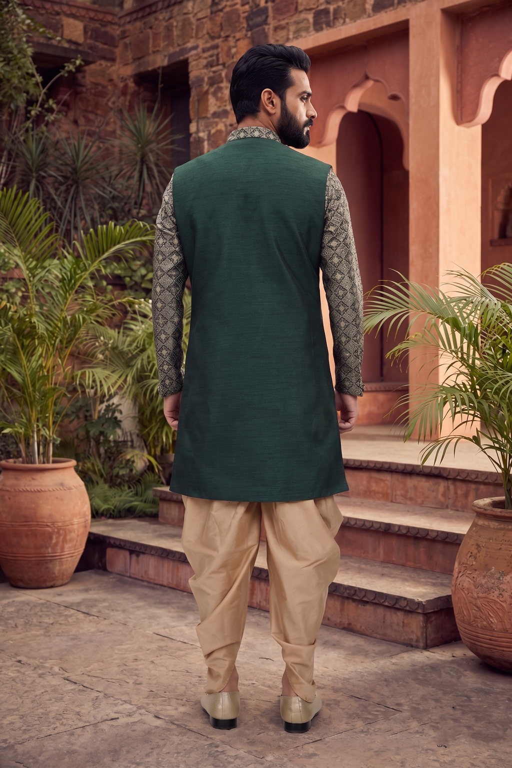 Men's SILK GREEN  SEMI-INDO-WESTERN