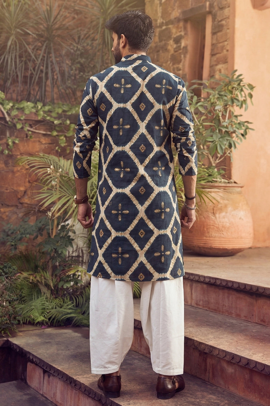Men's Rayon Cream Designer Printed Kurta with payjama