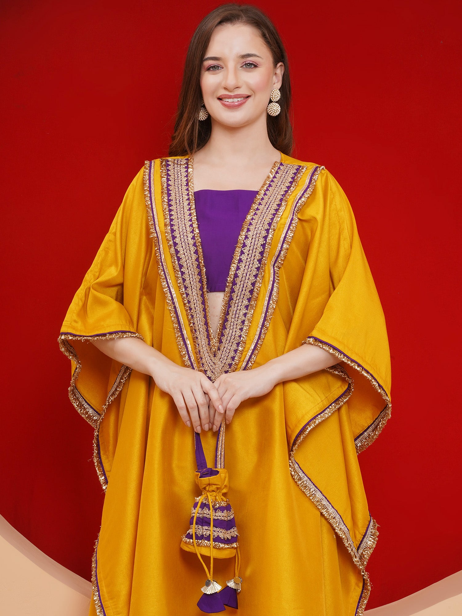 Women Yelow Kaftaan Set with ineer and Potli