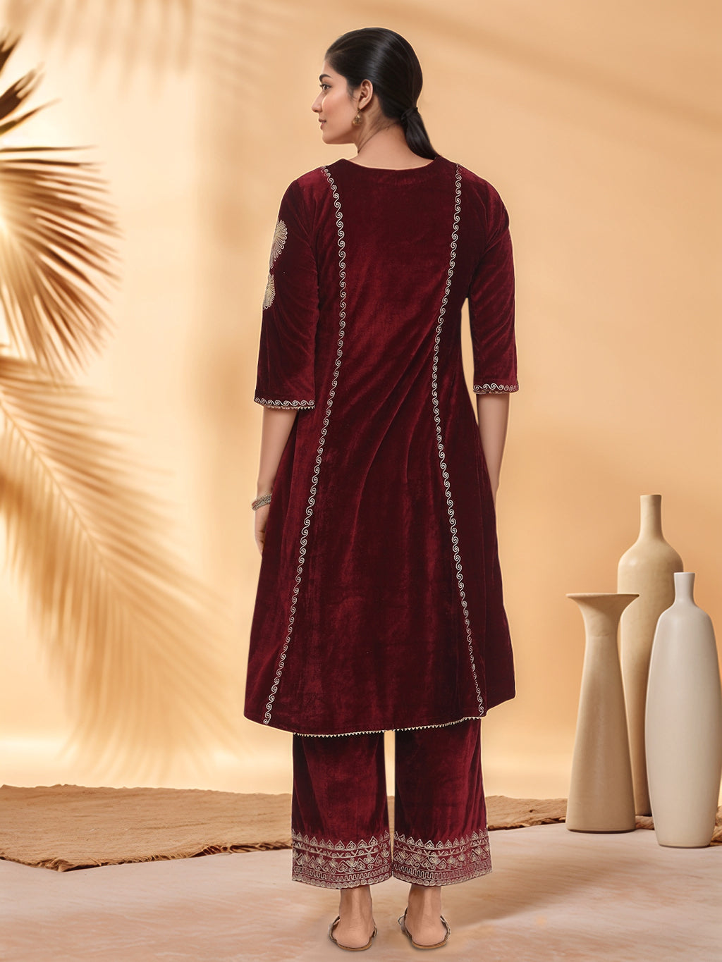 Women Maroon Velvet Palazzo set