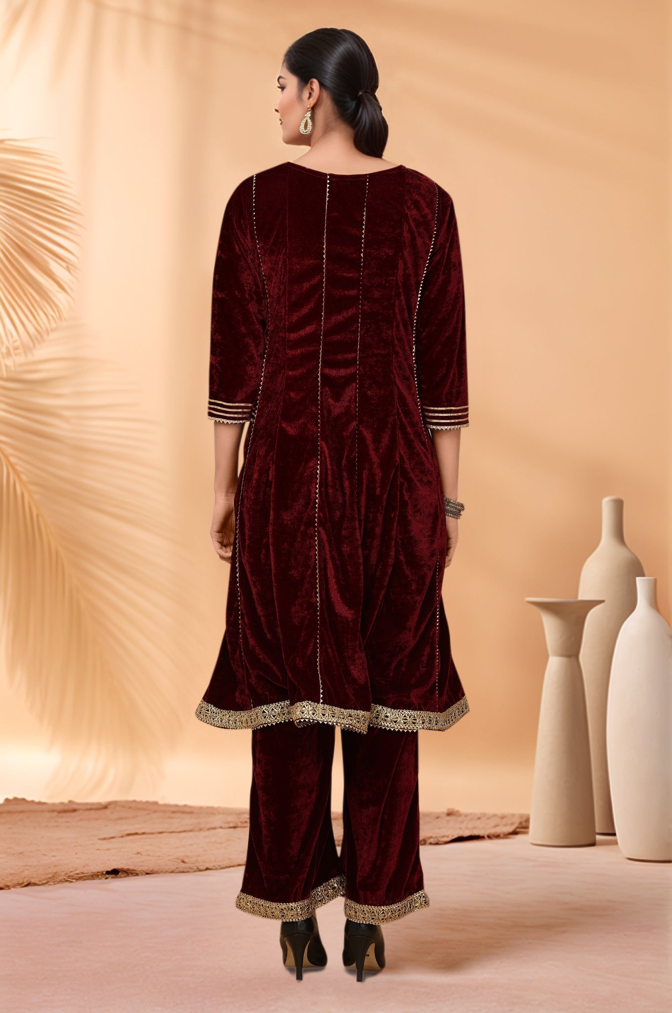 Women Maroon Velvet Kurta set