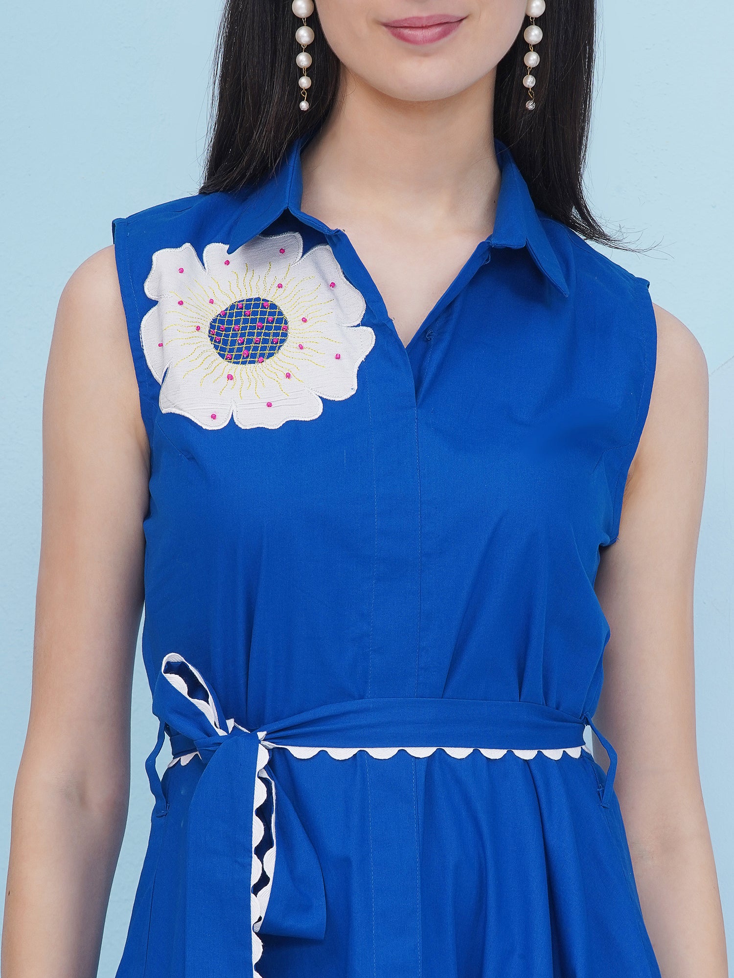 Embroidery Royal Blue Party Wear Dress With Belt