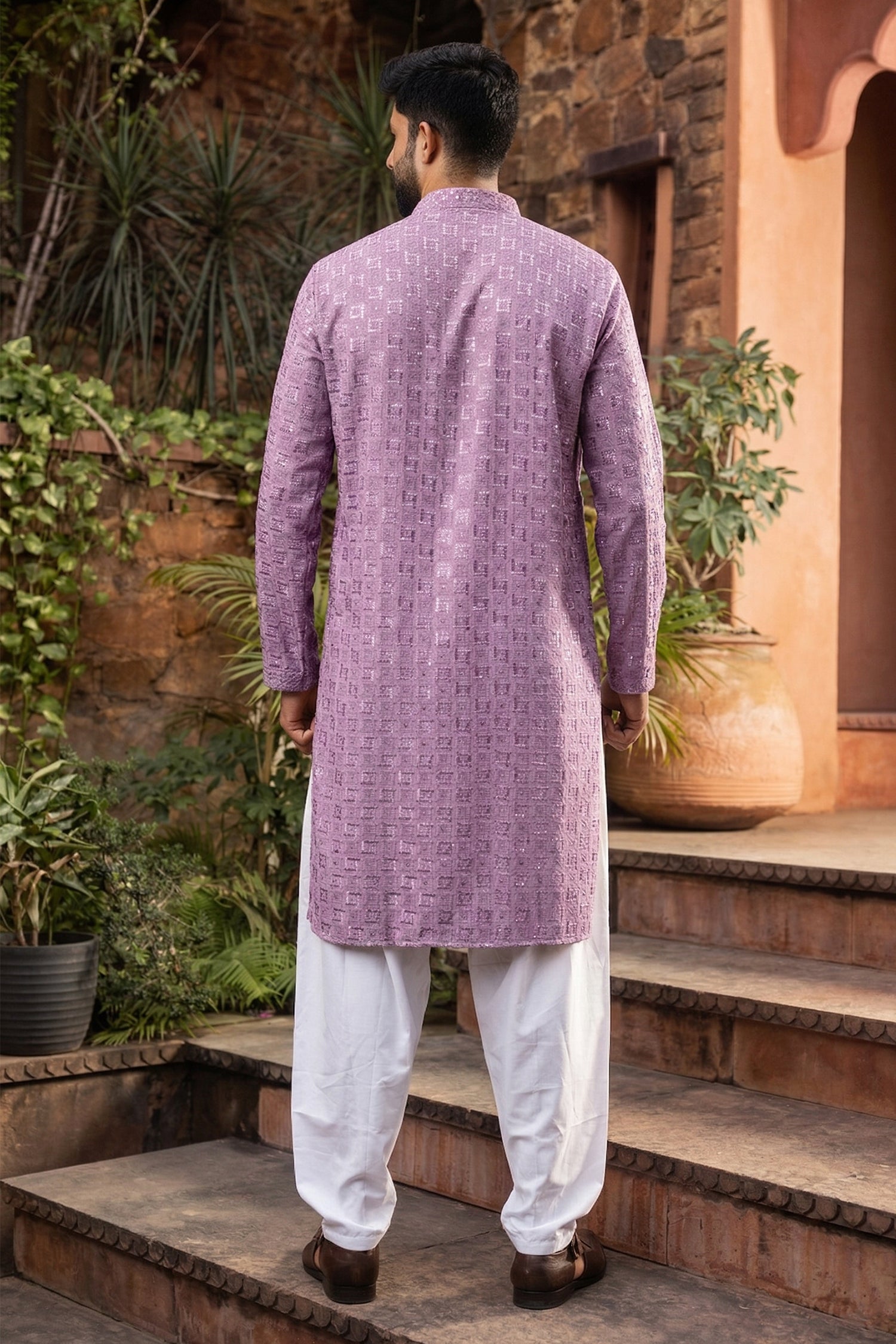 Men's Viscose Rayon Cream Designer Embroidery Work Kurta with payjama
