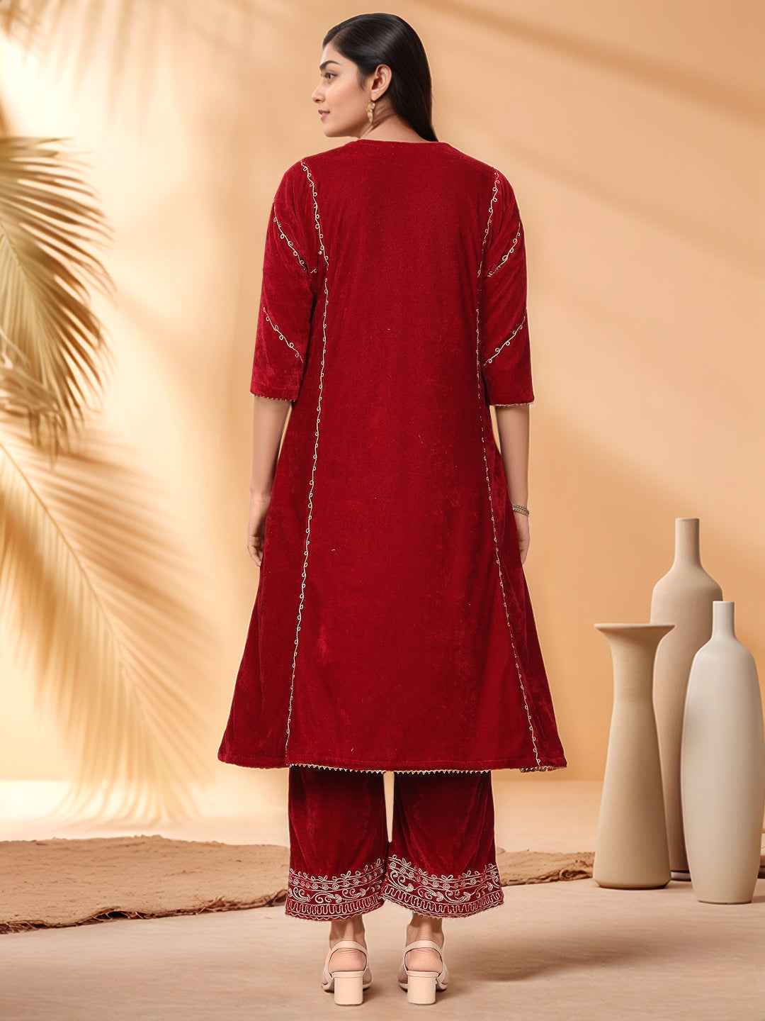 Women Maroon Velvet Palazzo set