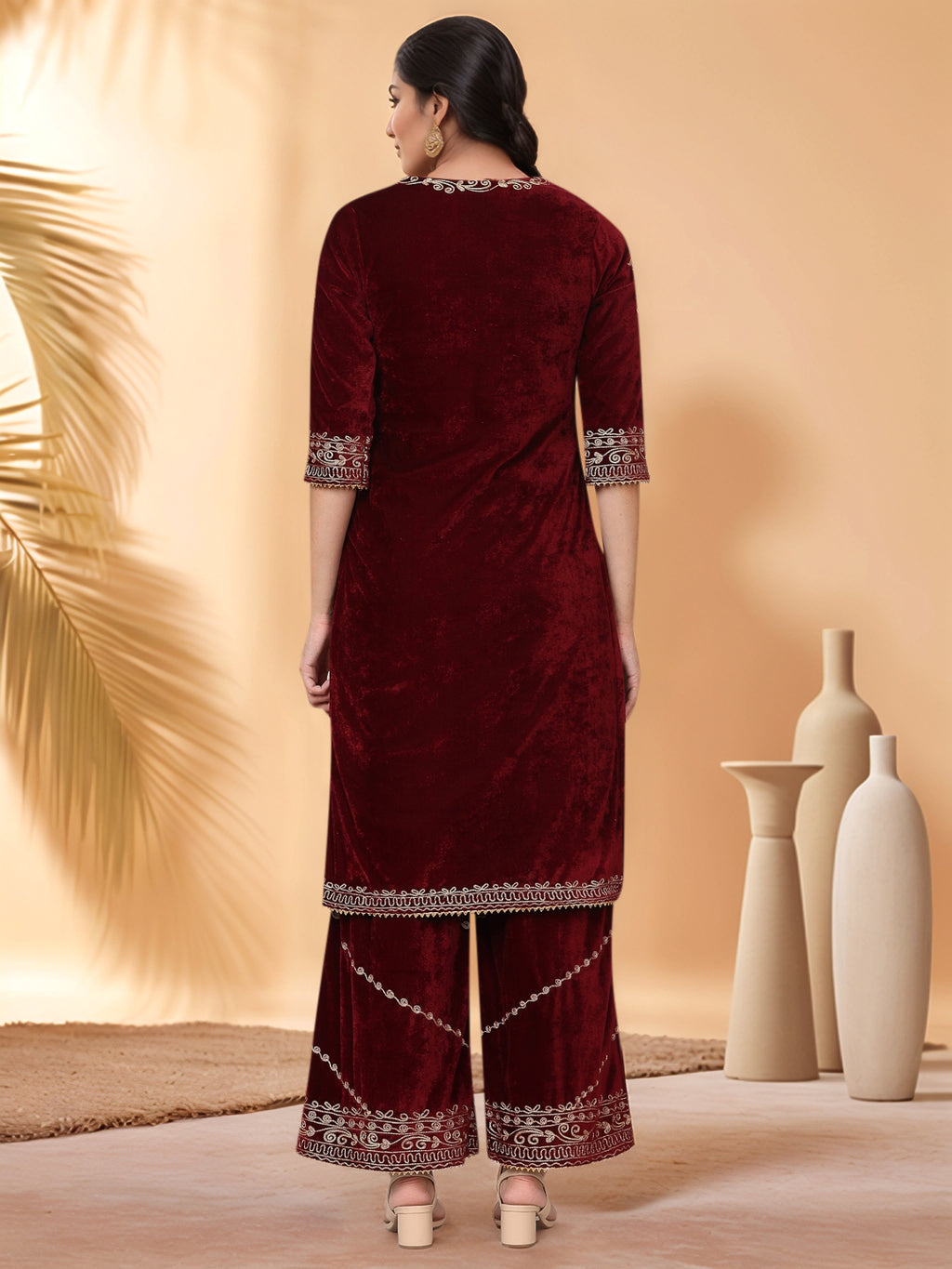 Women Maroon Velvet Palazzo set