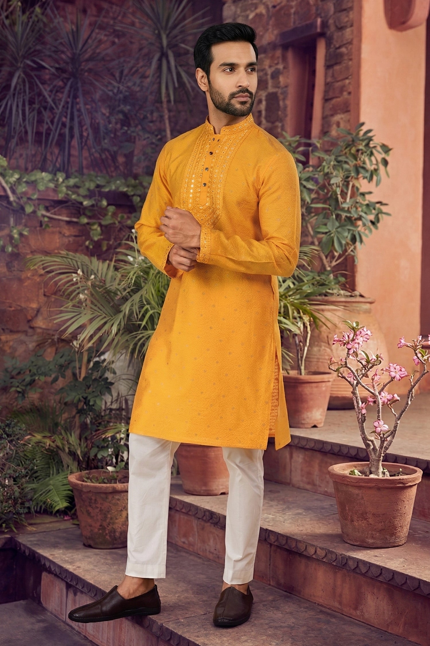 Men's Jacquard Silk Cream Designer Embroidery Work Kurta with payjama