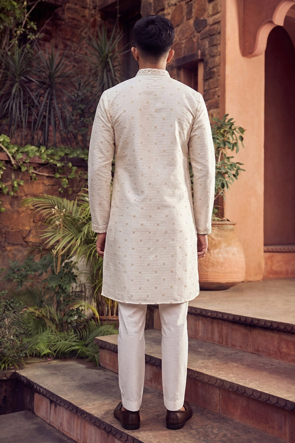 Men's Jacquard Silk Cream Designer Embroidery Work Kurta with payjama