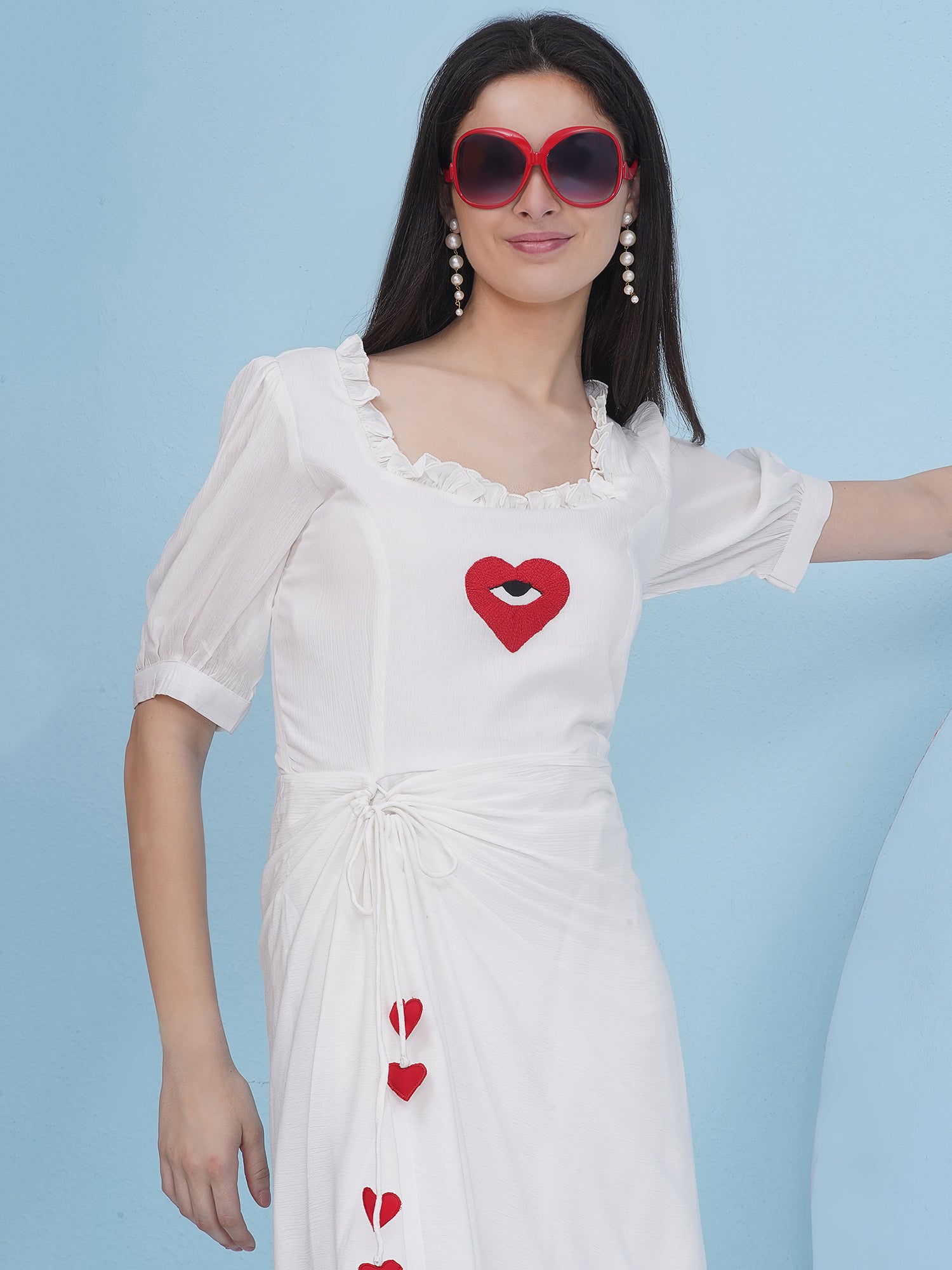 Embroidery White Drape Party Wear Dress