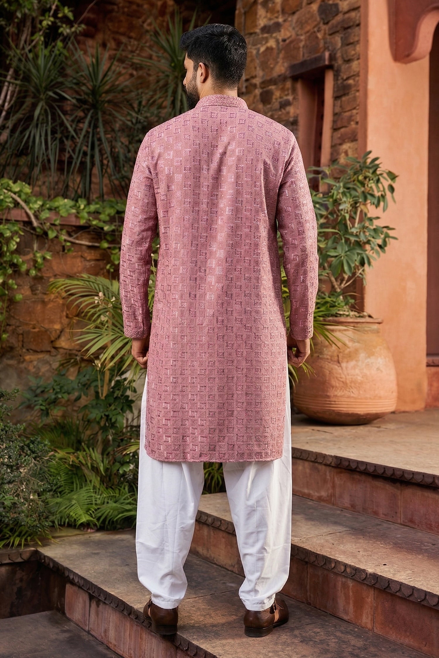 Men's Viscose Rayon Cream Designer Embroidery Work Kurta with payjama