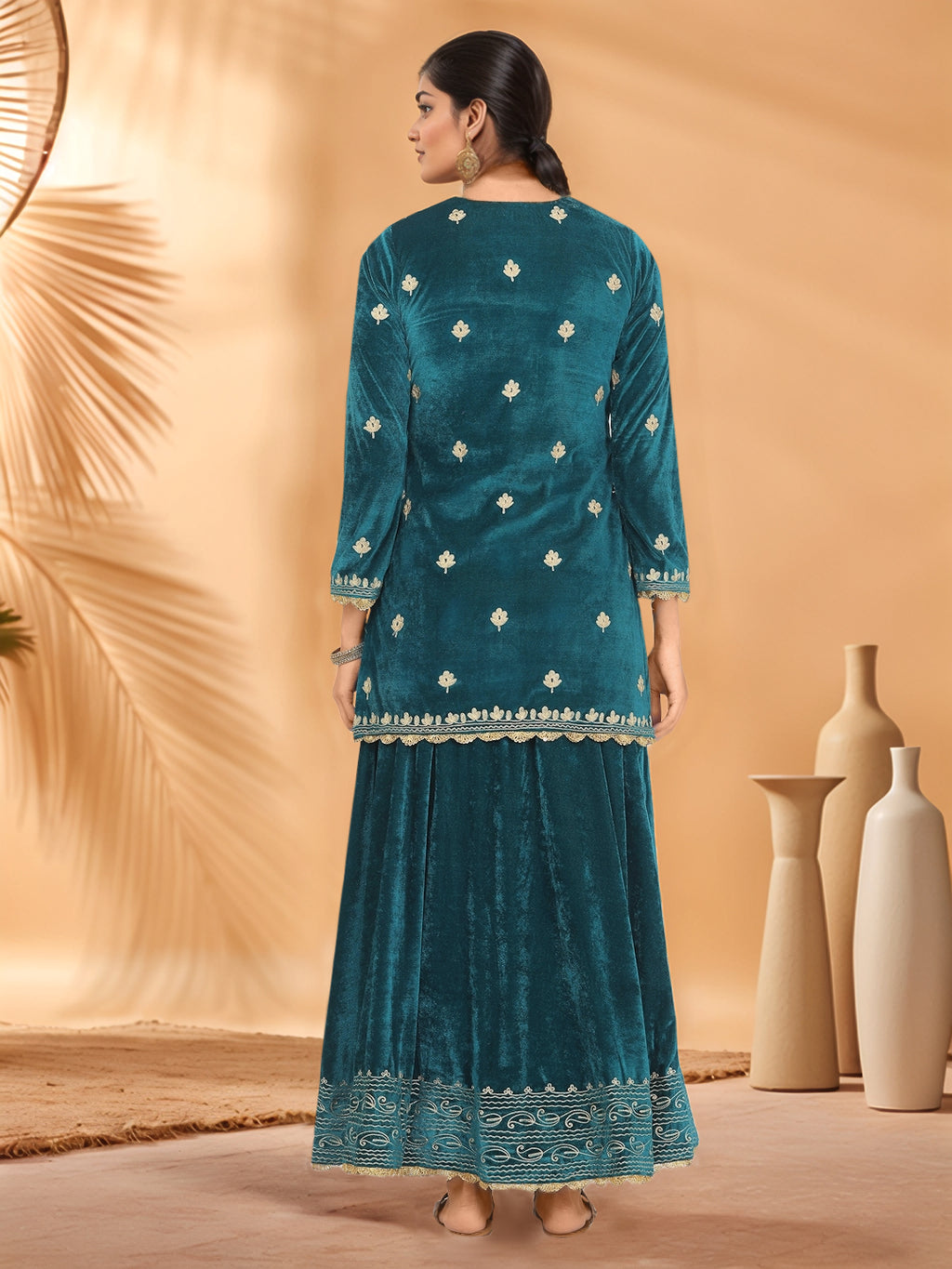 Women Teal Green Velvet Lehenga Set