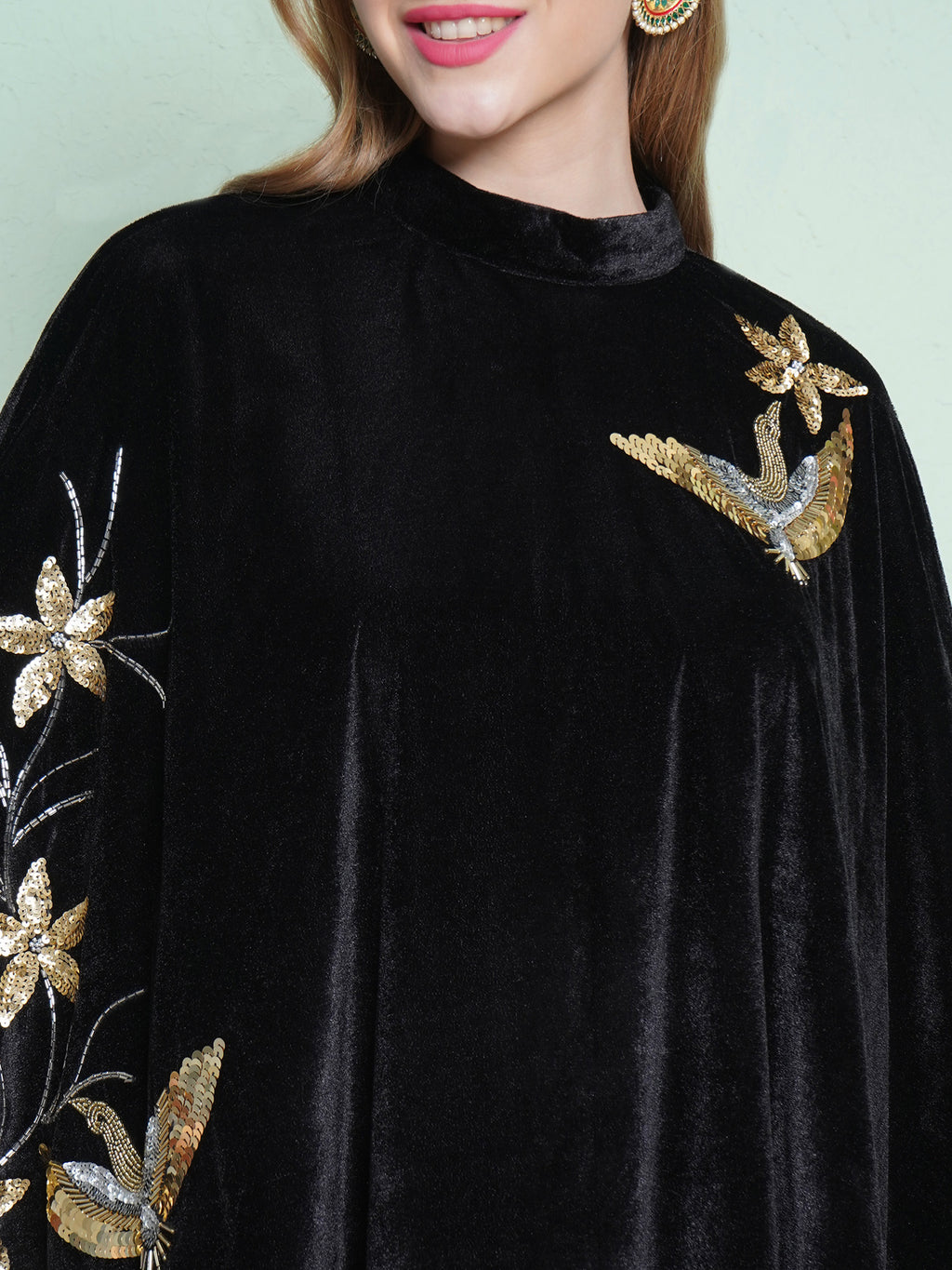 Women Black Hand Embellished Cape Style Kurta with Bellbottom Pants