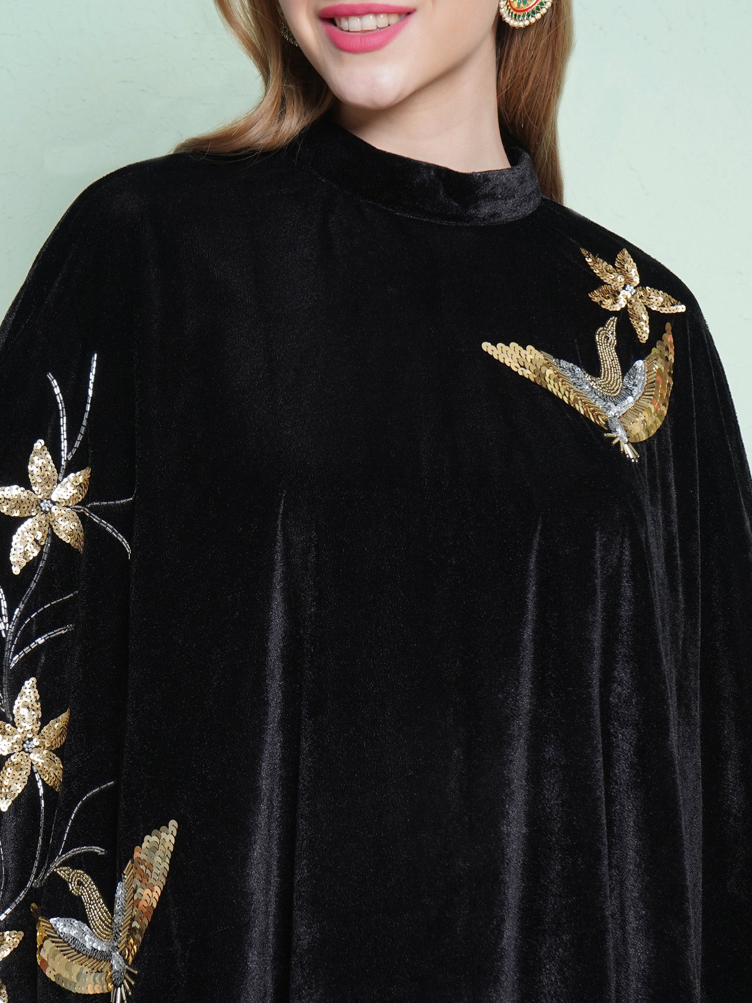 Women Black Hand Embellished Cape Style Kurta with Bellbottom Pants