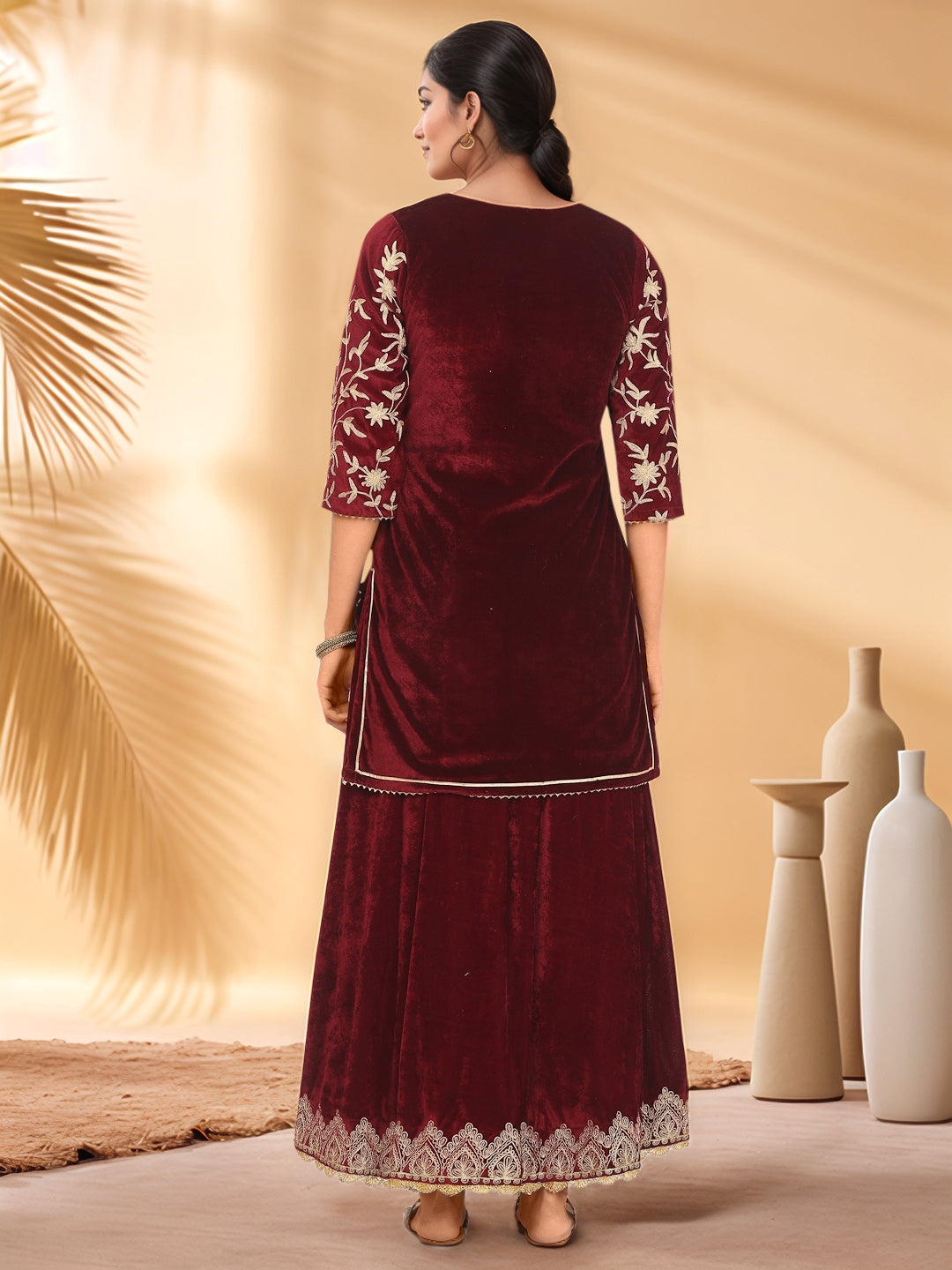 Women Maroon Velvet Lehenga Set