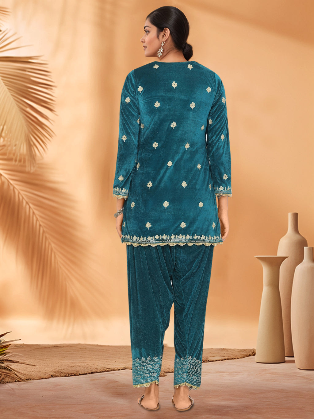 Women Teal Green Velvet Salwar set