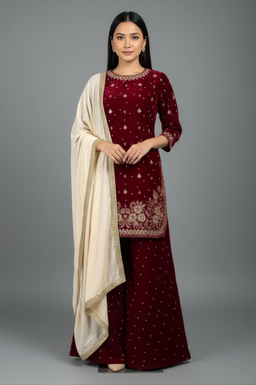 Women Maroon Velvet Kurta Set