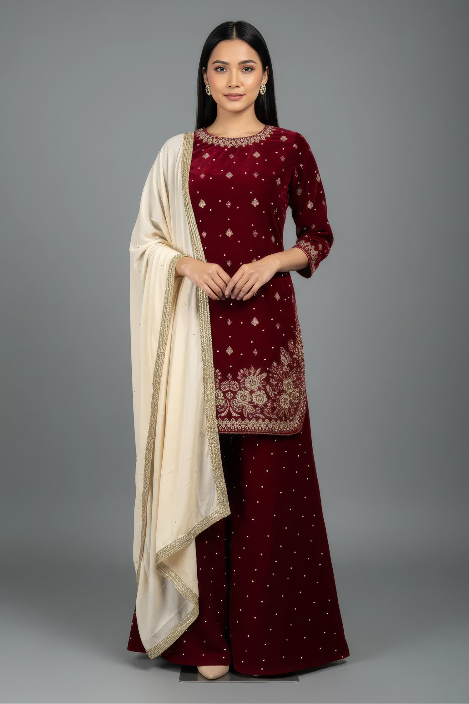 Women Maroon Velvet Kurta Set