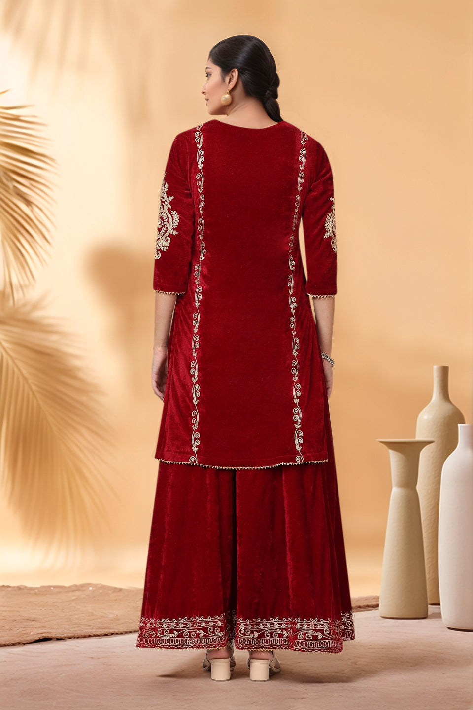 Women Maroon Velvet Lehenga Set