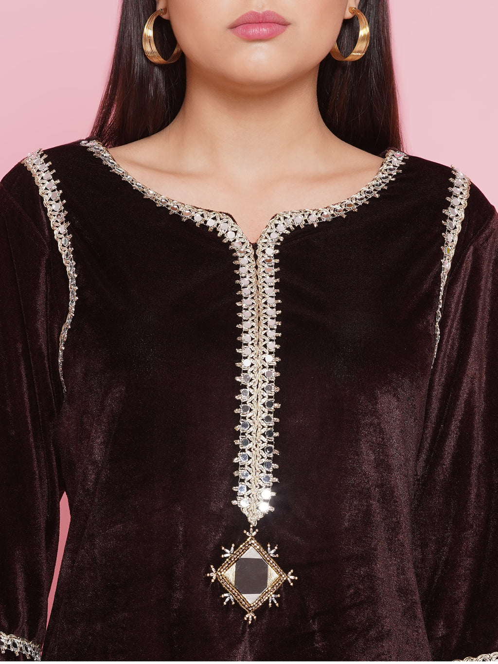 Women Brown Mirrior Work Velvet Coord Set