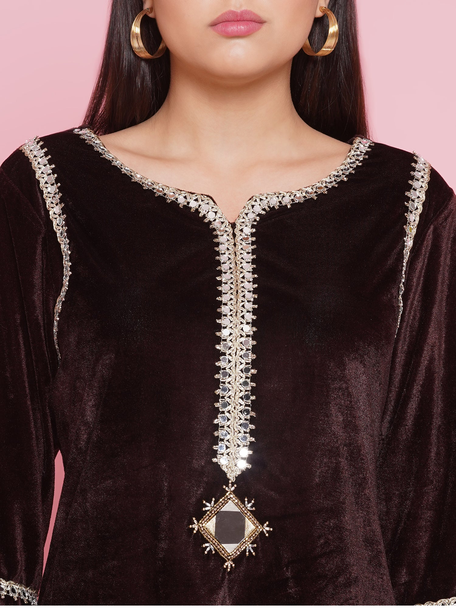 Women Brown Mirrior Work Velvet Coord Set
