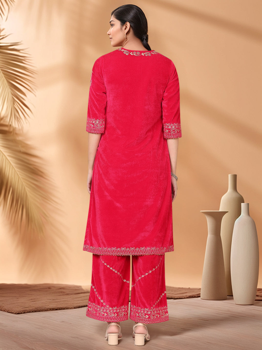 Women Pink Velvet Palazzo set