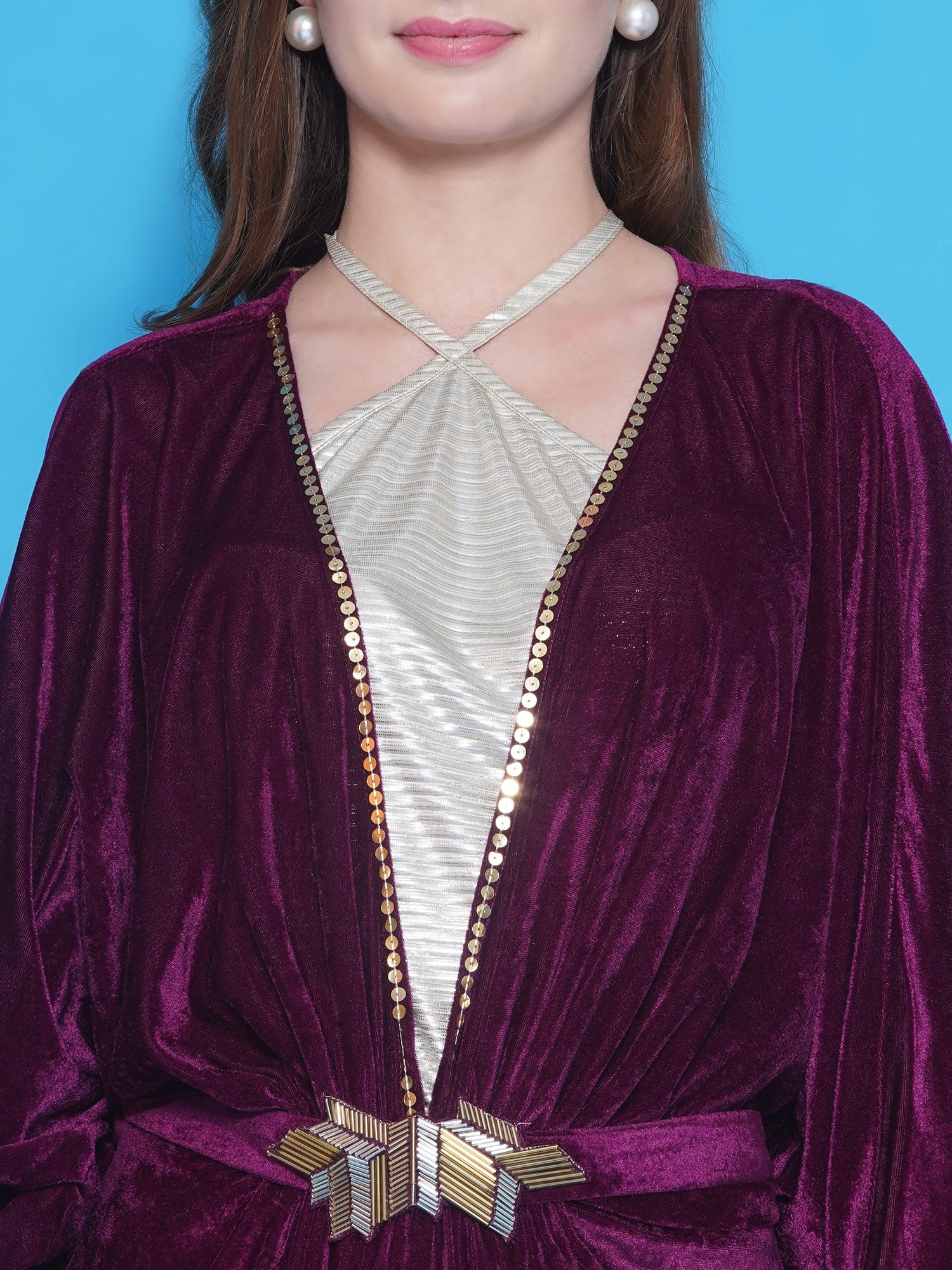 Women Wine Velvet Gown With Silver Halter Neck Ineer