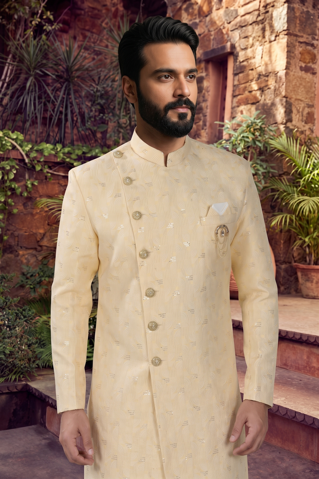 Men's WOVEN JACQUARD YELLOW  SEMI-INDO-WESTERN