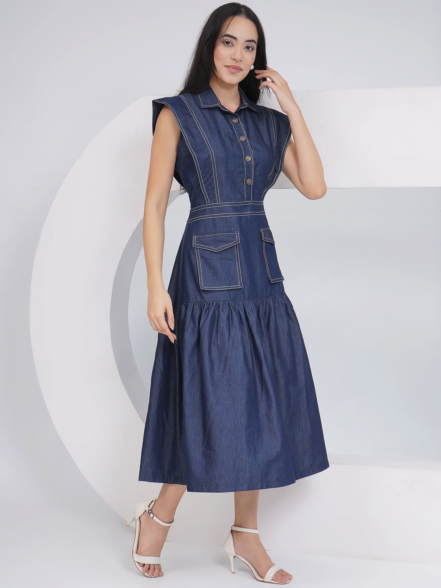 Ethnic Blue Denim Midi Party Wear Dress