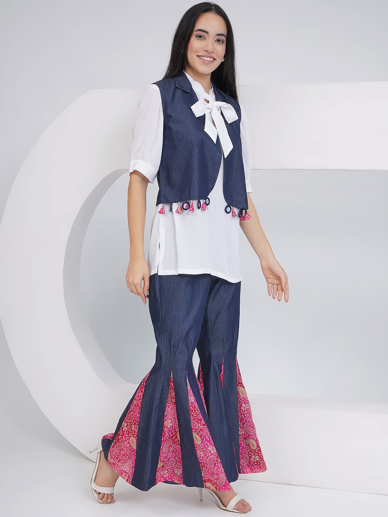 Ethnic White Denim Shara With Shirt and Jacket