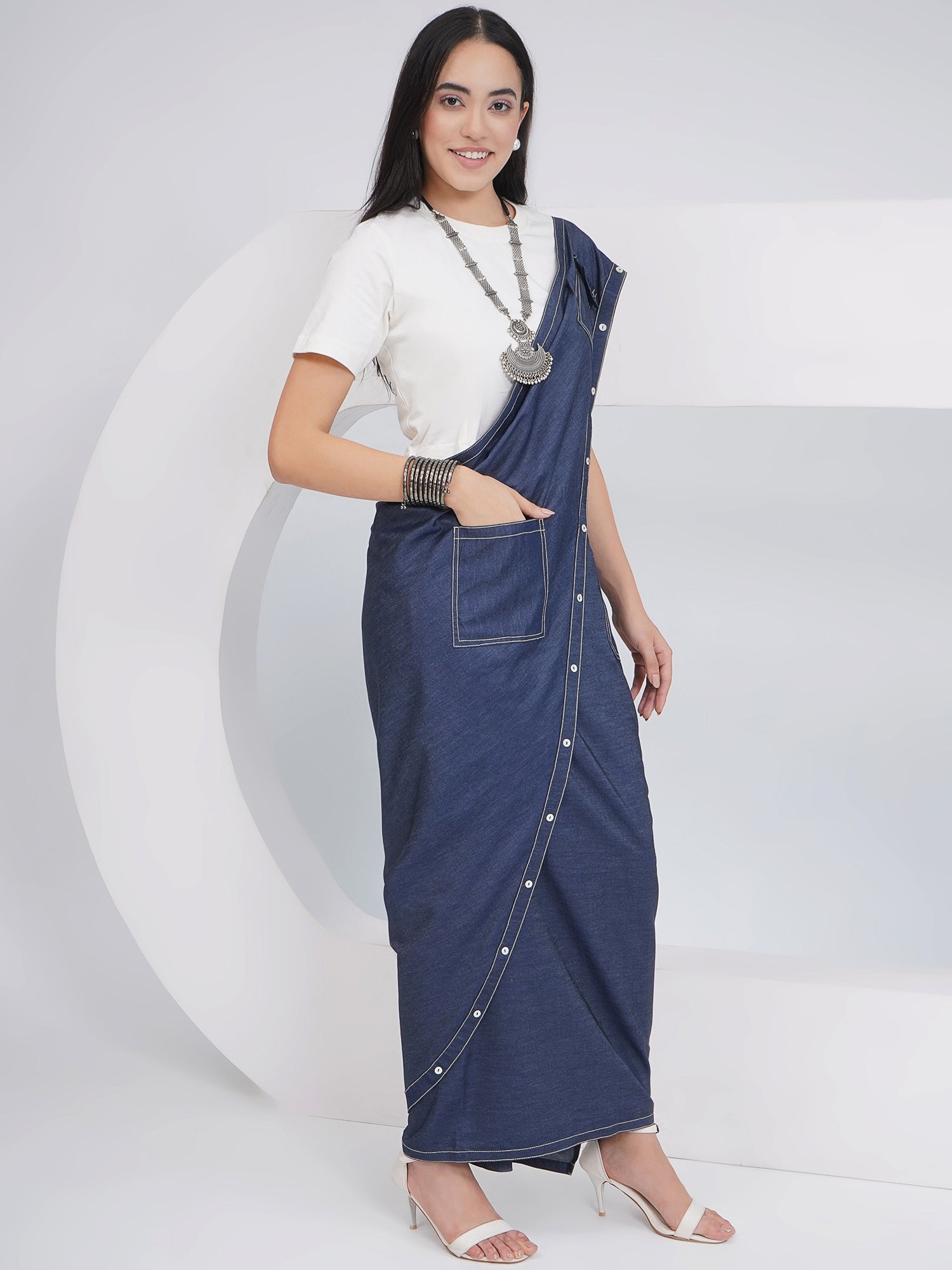 Ethnic Off White Denim Skirt Drape with Top