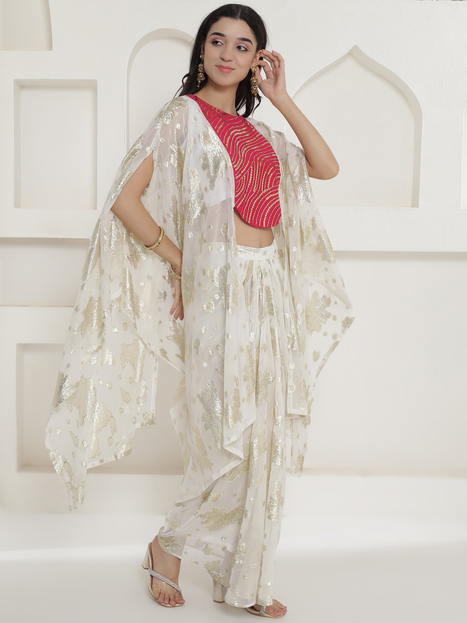 White & Pink Kaftan with Skirt