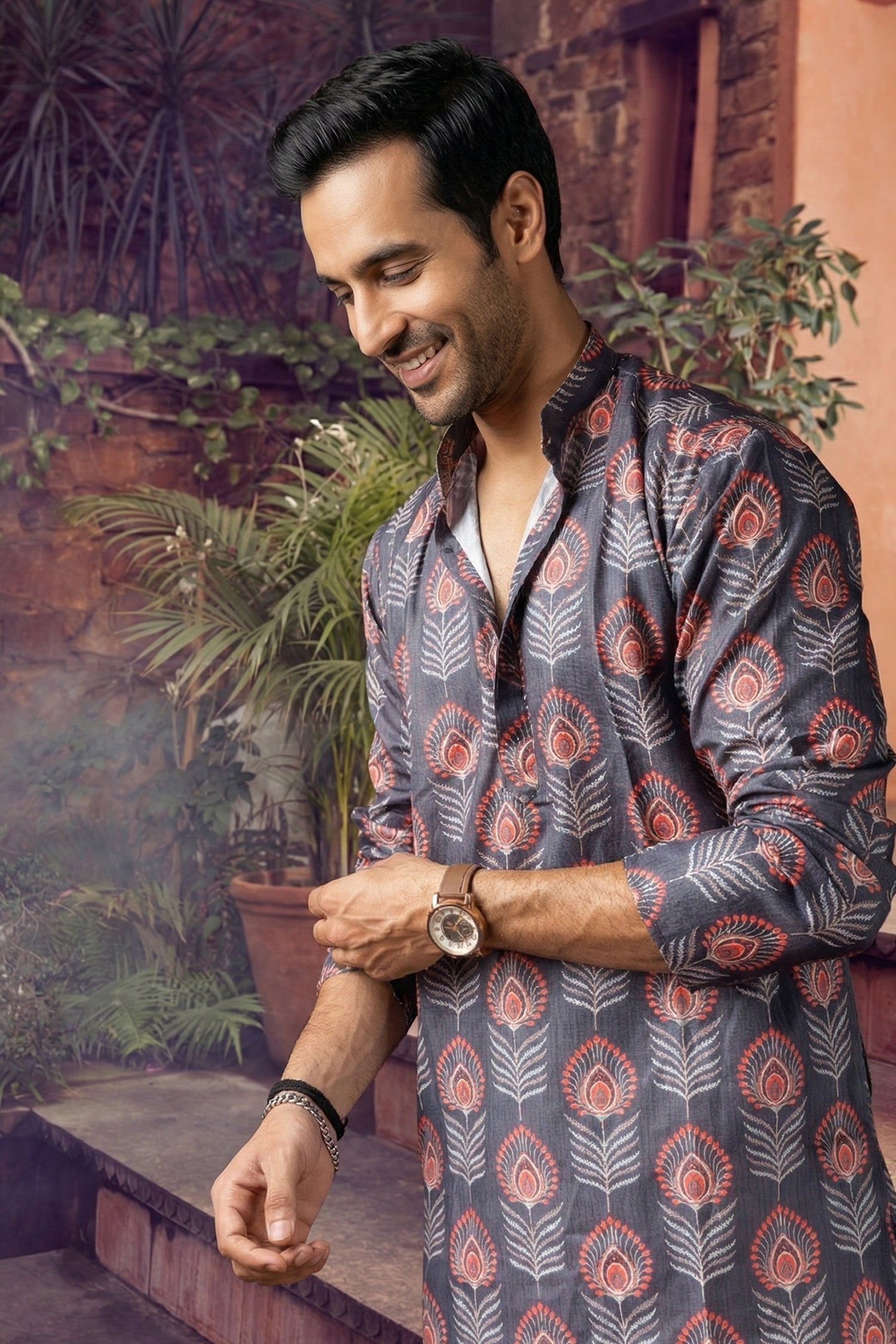 Men's Blended Cotton Cream Designer Printed Kurta with payjama