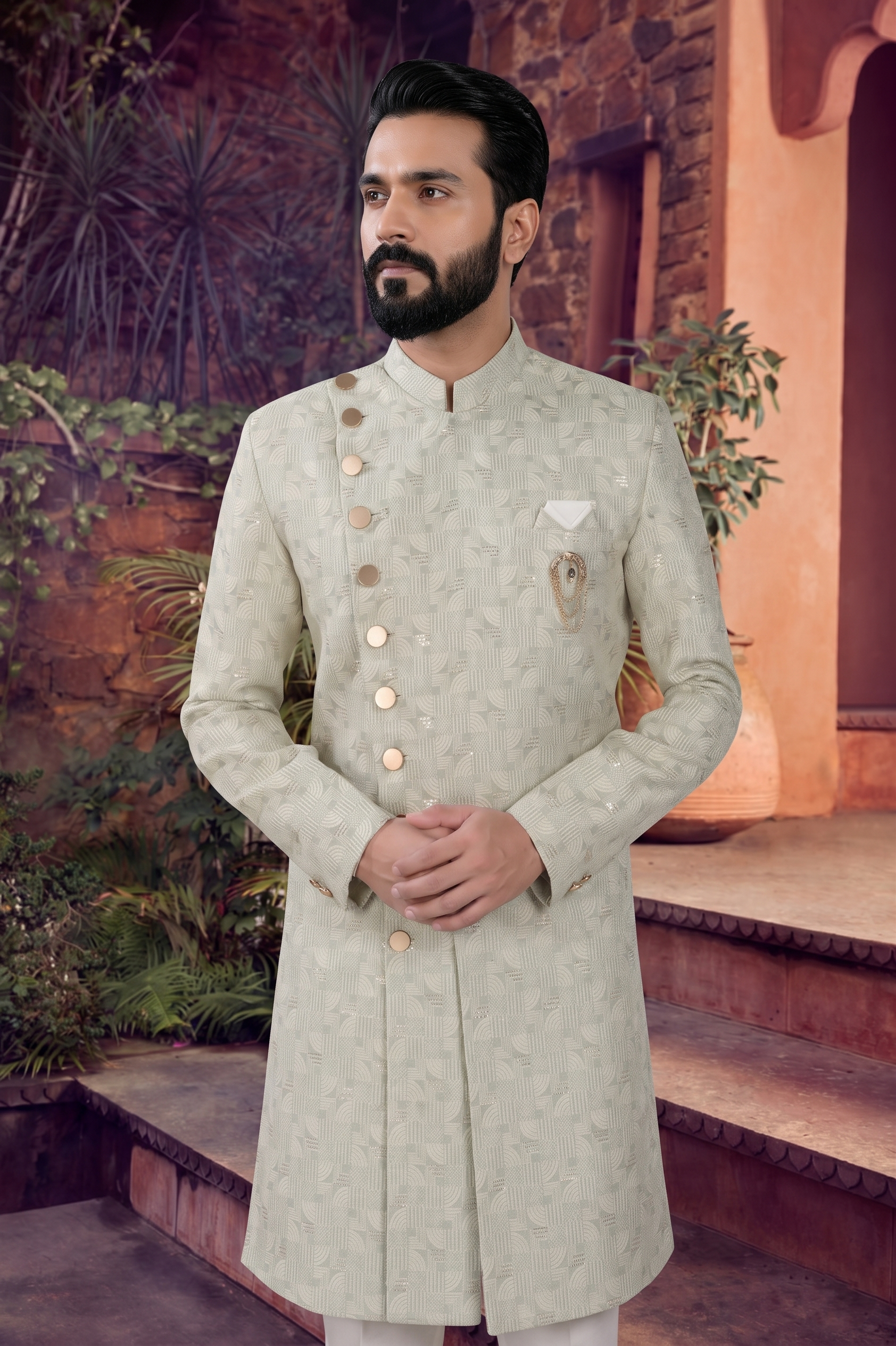 Men's WOVEN JACQUARD GREEN  SEMI-INDO-WESTERN