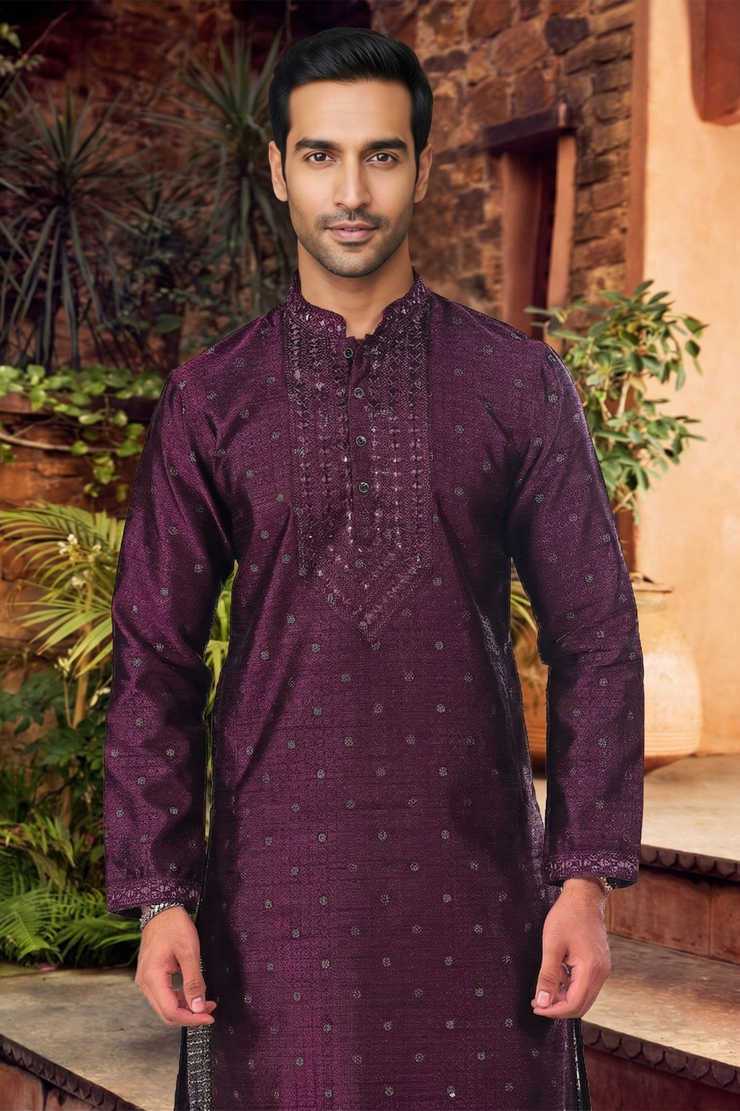 Men's Jacquard Silk Cream Designer Embroidery Work Kurta with payjama