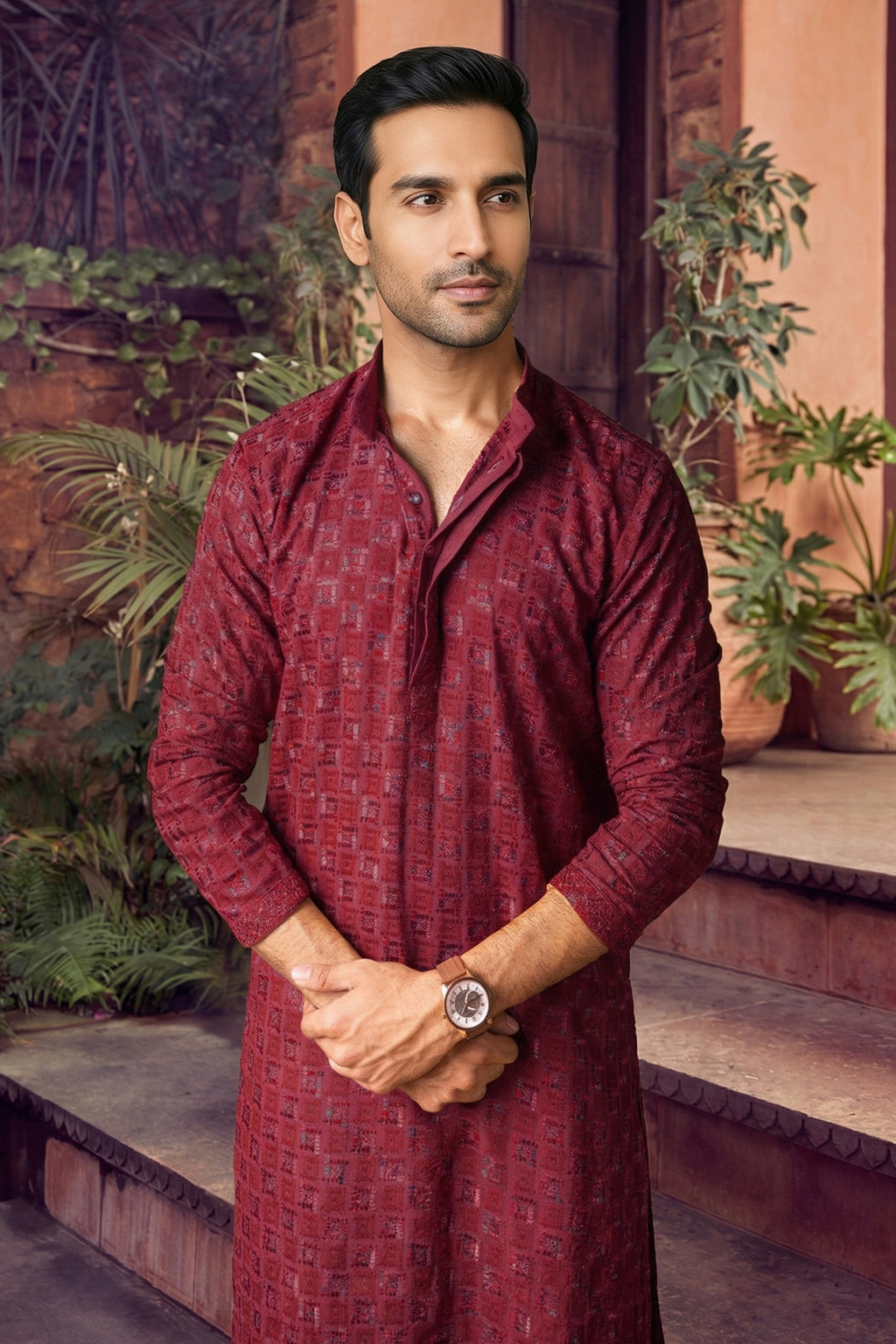 Men's Viscose Rayon Cream Designer Embroidery Work Kurta with payjama