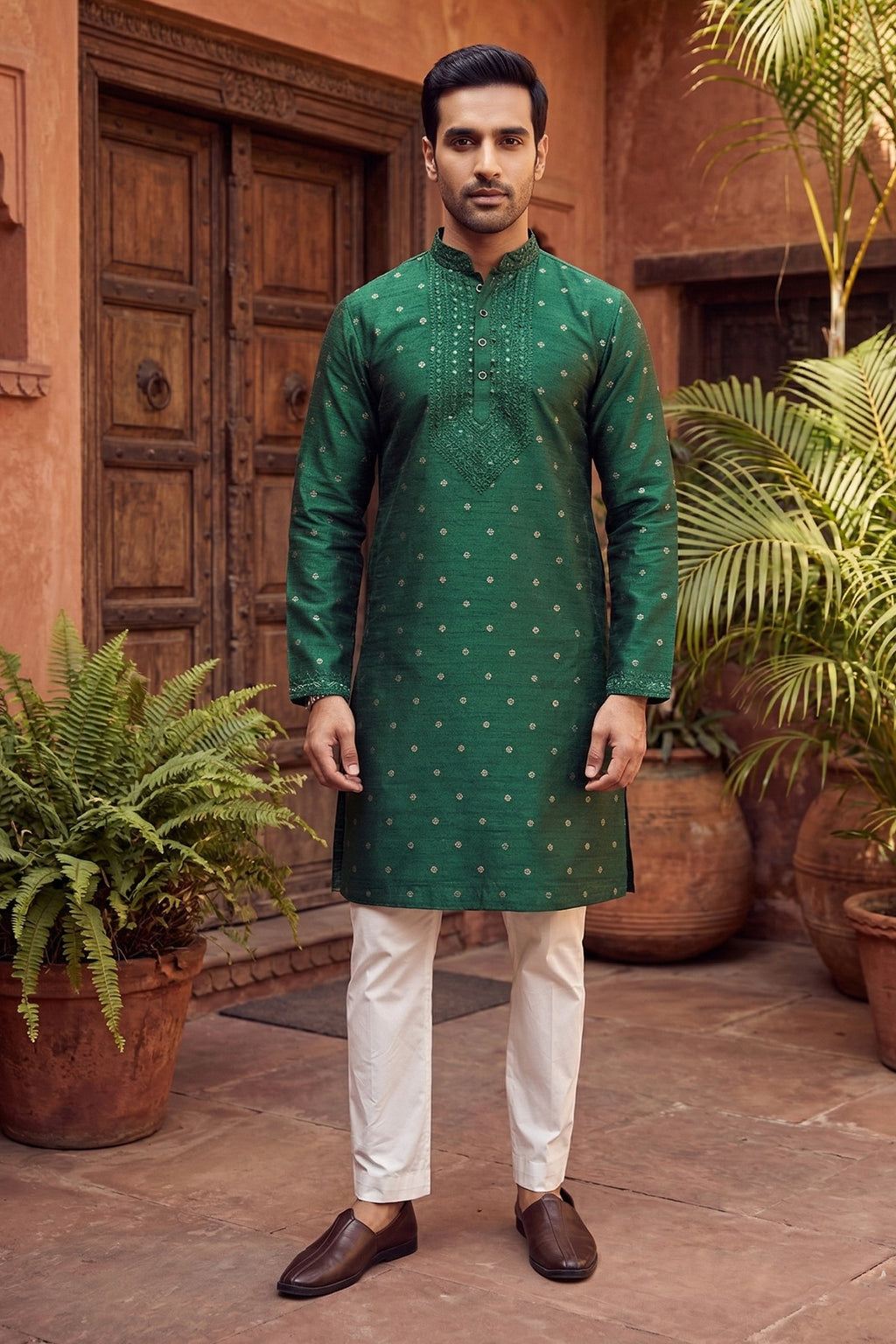 Men's Jacquard Silk Cream Designer Embroidery Work Kurta with payjama