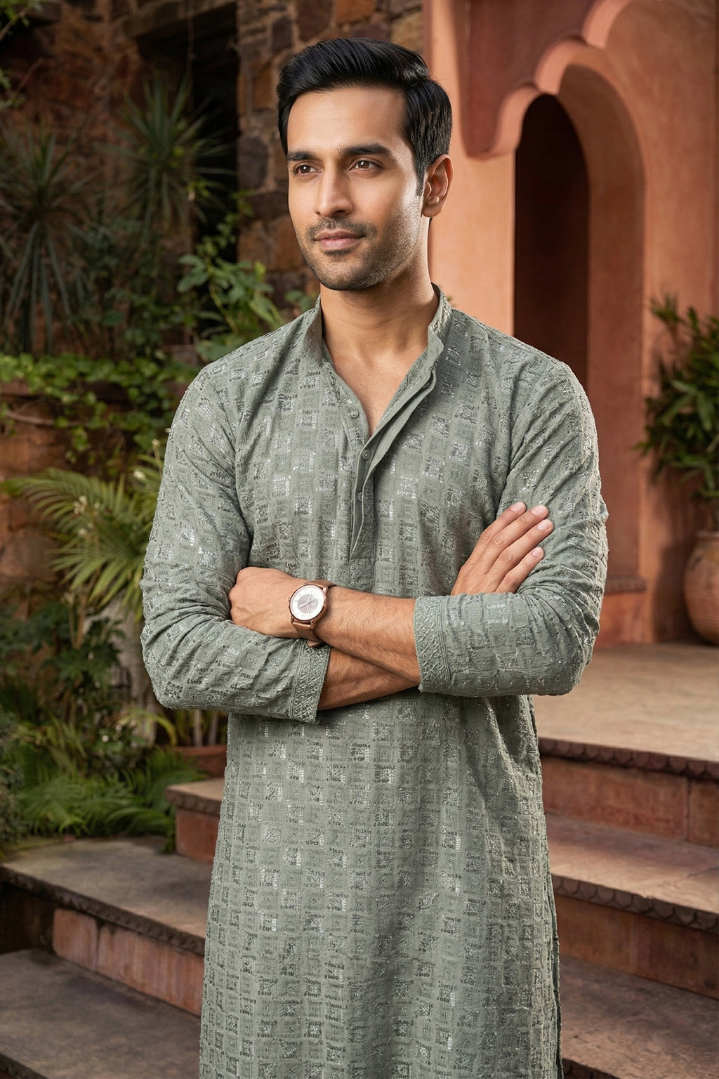 Men's Viscose Rayon Cream Designer Embroidery Work Kurta with payjama