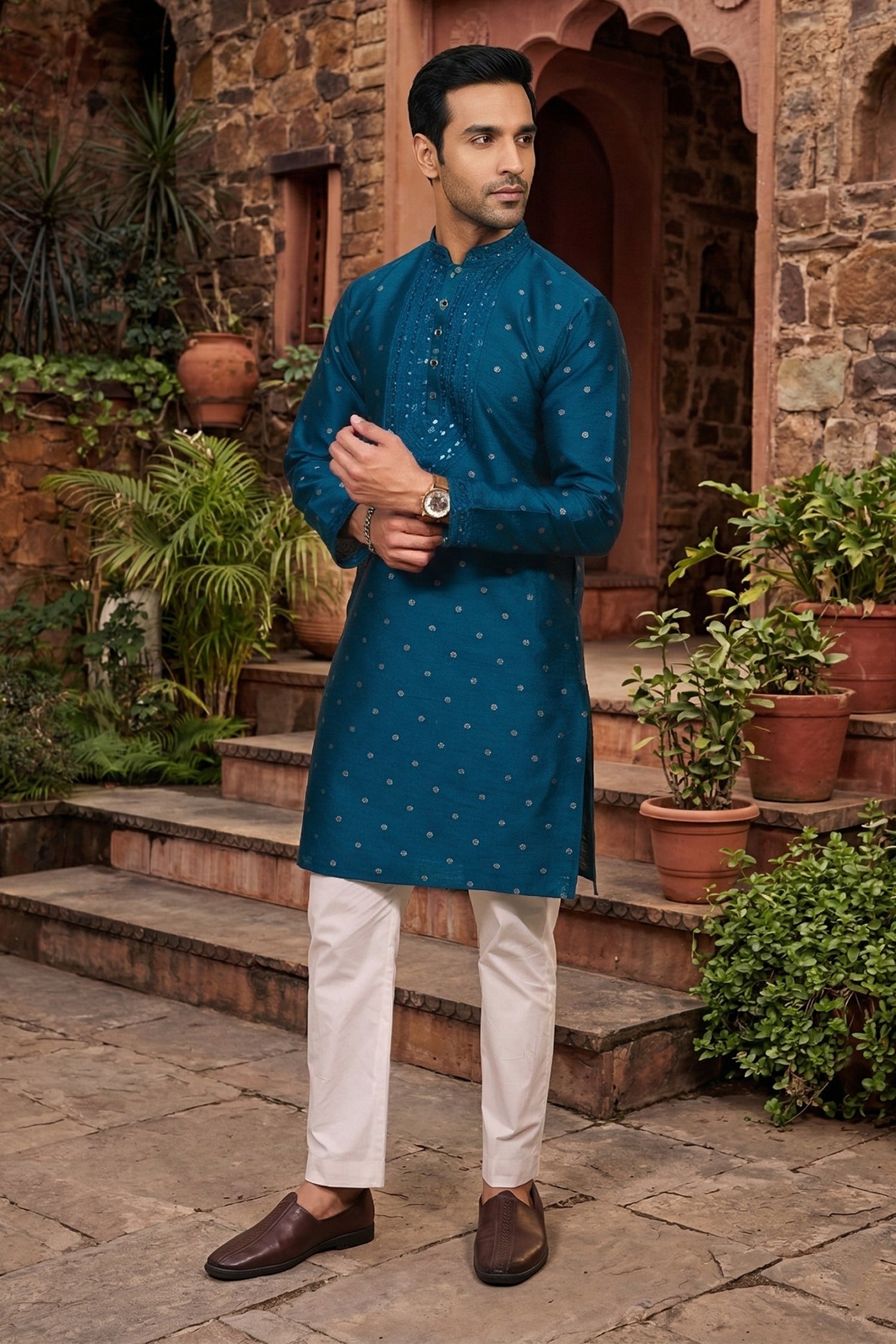 Men's Jacquard Silk Cream Designer Embroidery Work Kurta with payjama