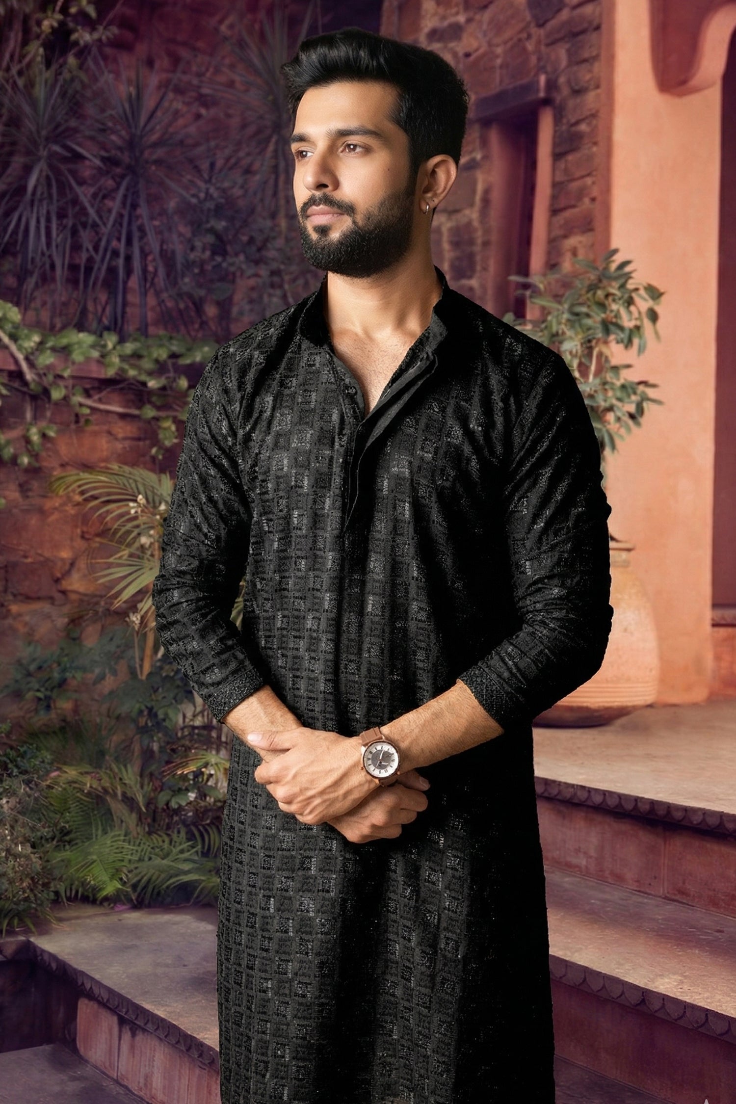 Men's Viscose Rayon Cream Designer Embroidery Work Kurta with payjama