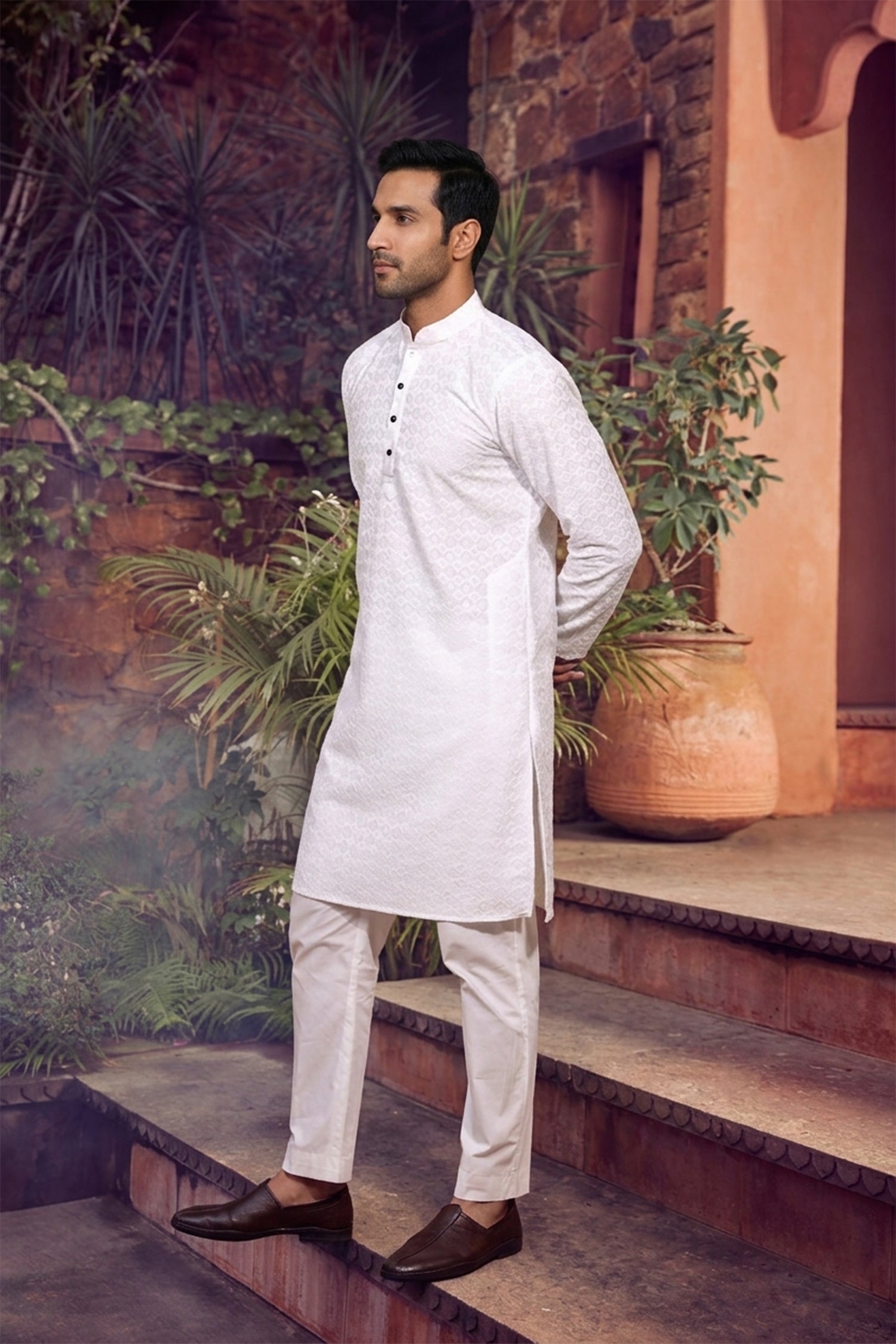 Men's Cotton Cream Designer Embroidery Work Kurta with payjama