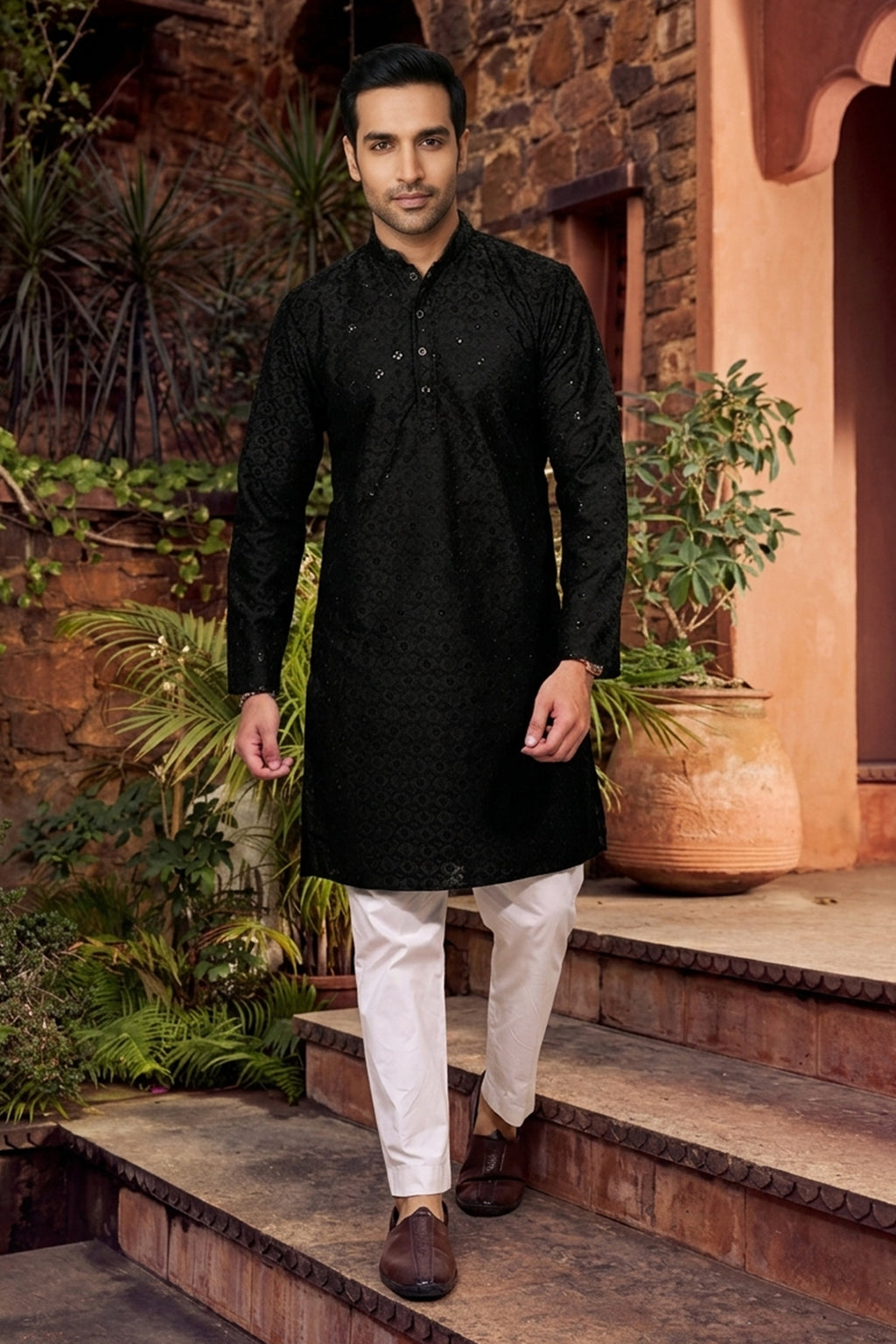 Men's Cotton Cream Designer Embroidery Work Kurta with payjama