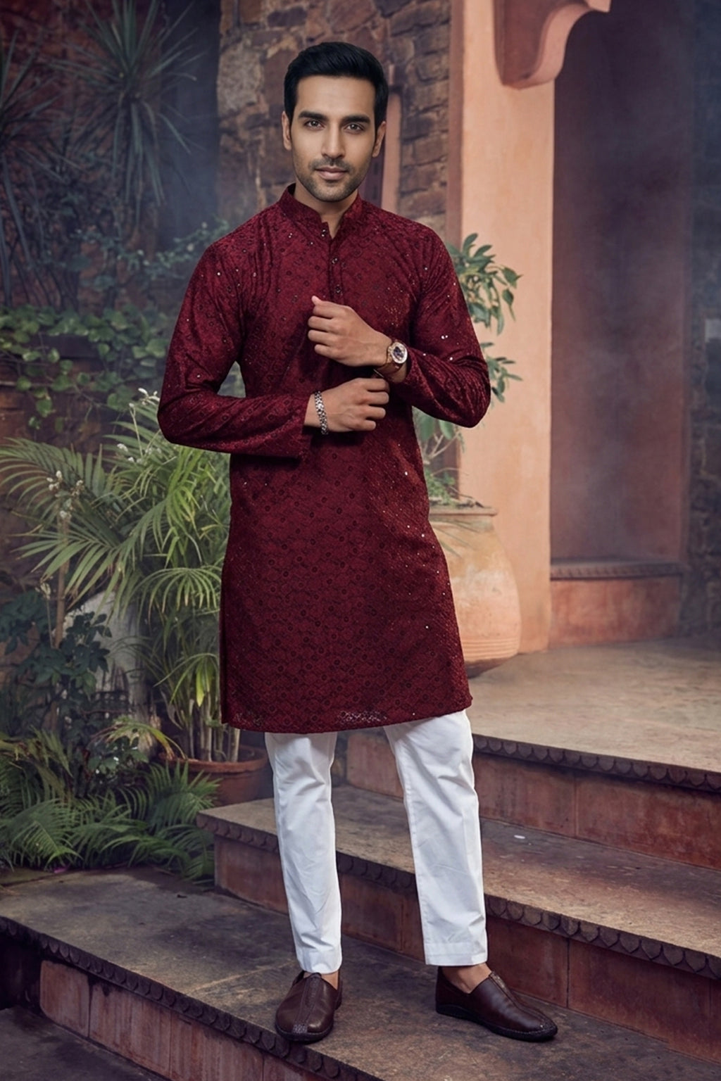 Men's Cotton Cream Designer Embroidery Work Kurta with payjama