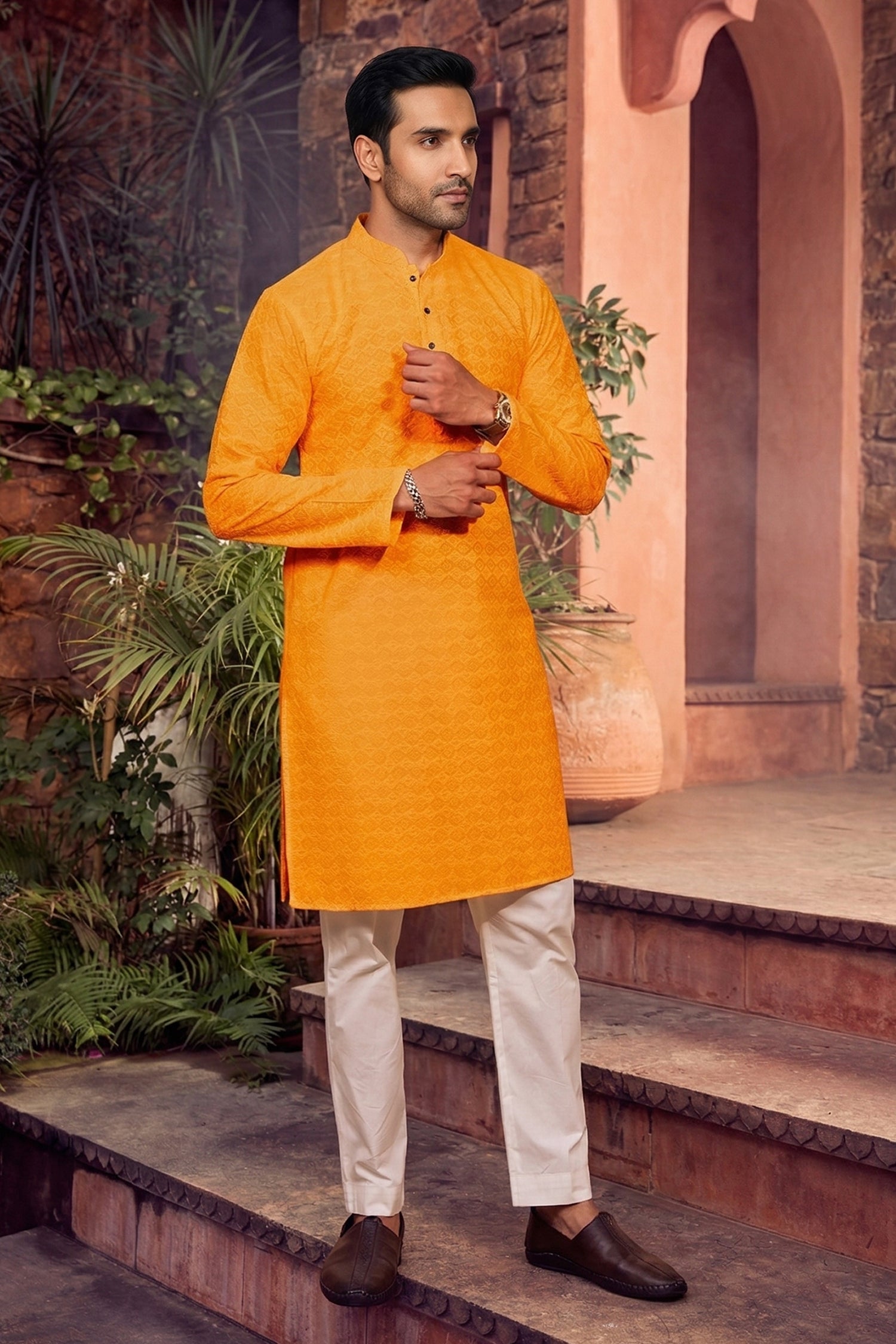 Men's Cotton Cream Designer Embroidery Work Kurta with payjama