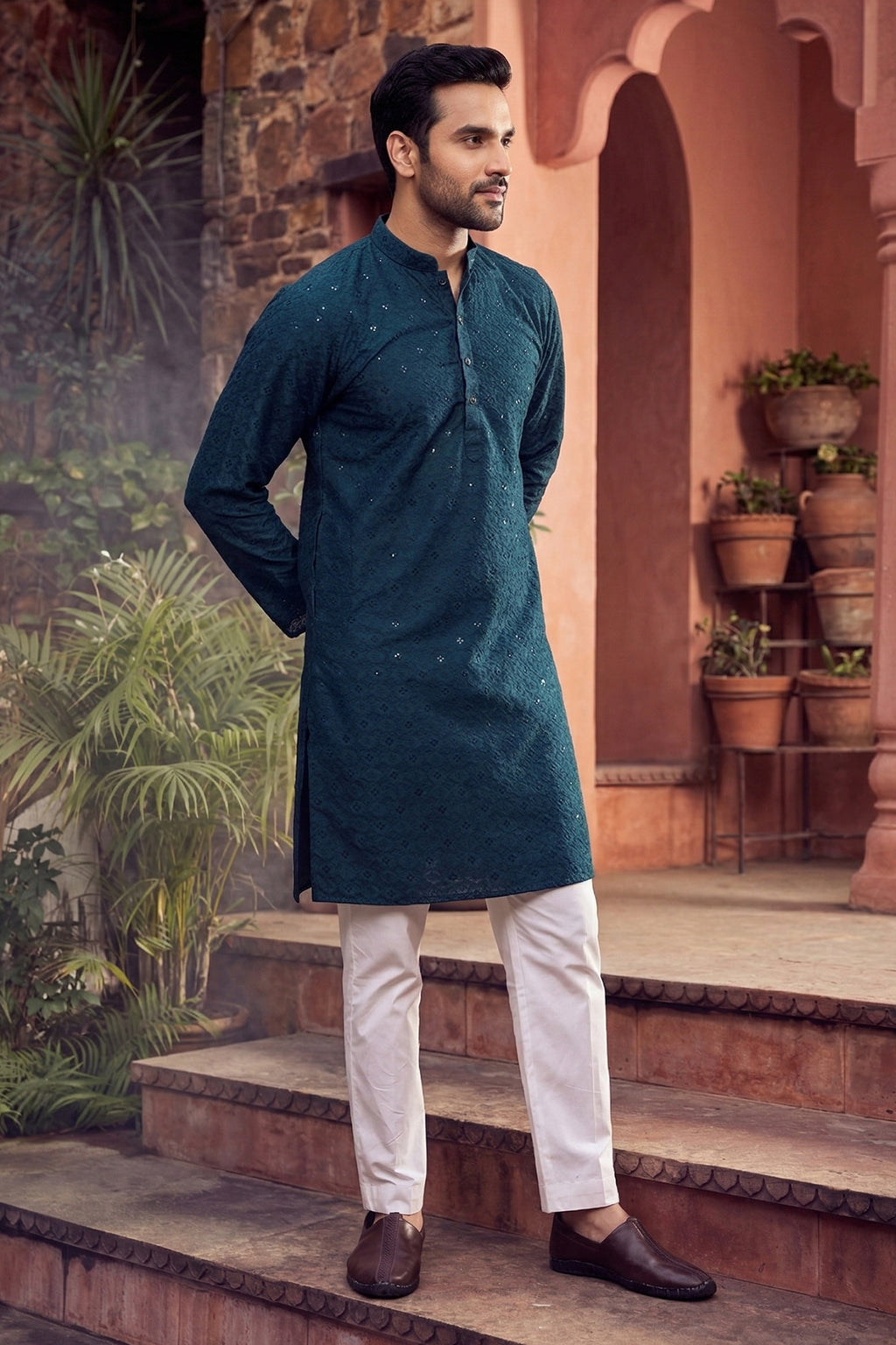 Men's Cotton Cream Designer Embroidery Work Kurta with payjama
