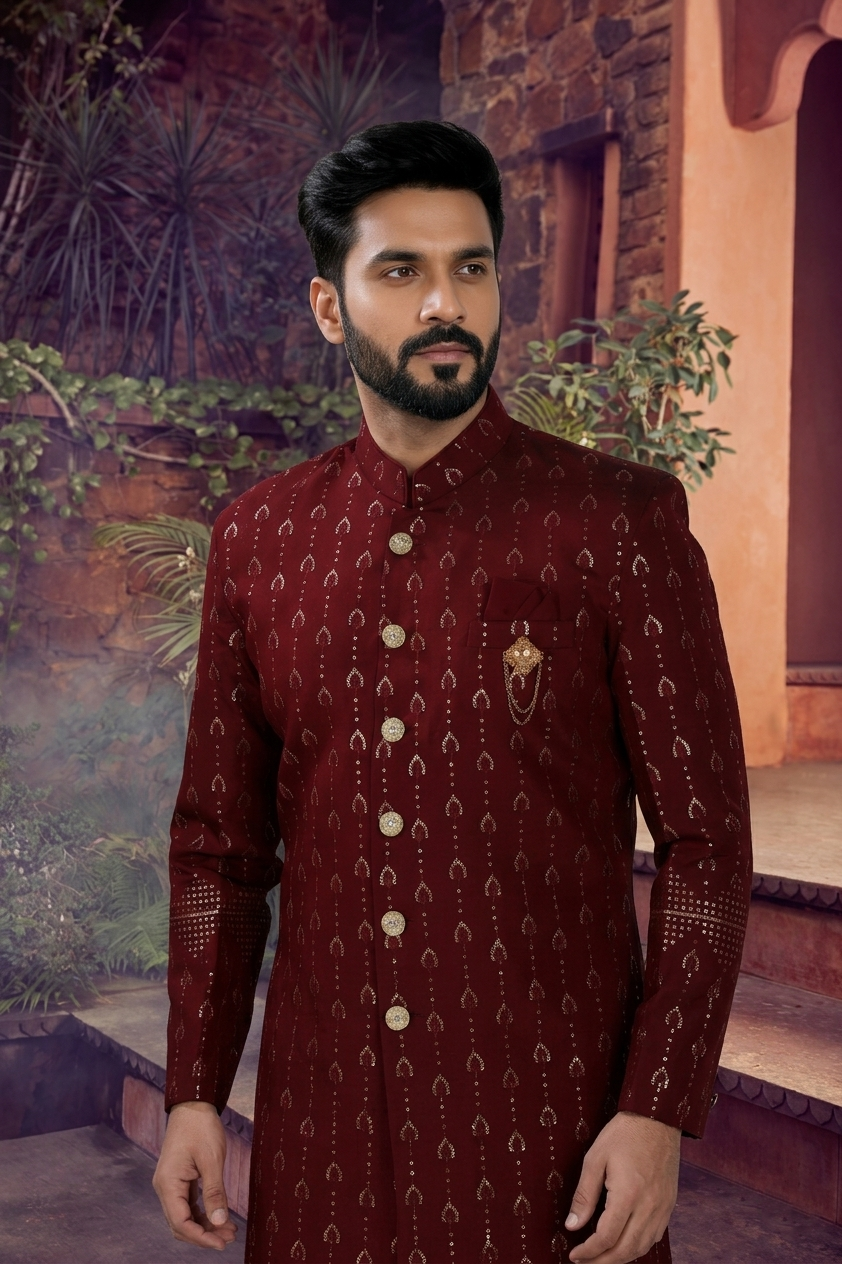 Men's SILK MAROON  SEMI-INDO-WESTERN
