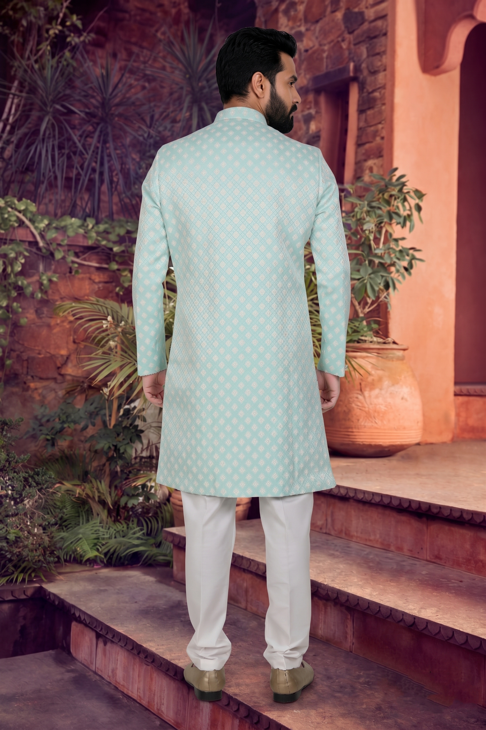 Men's WOVEN JACQUARD GREEN  SEMI-INDO-WESTERN