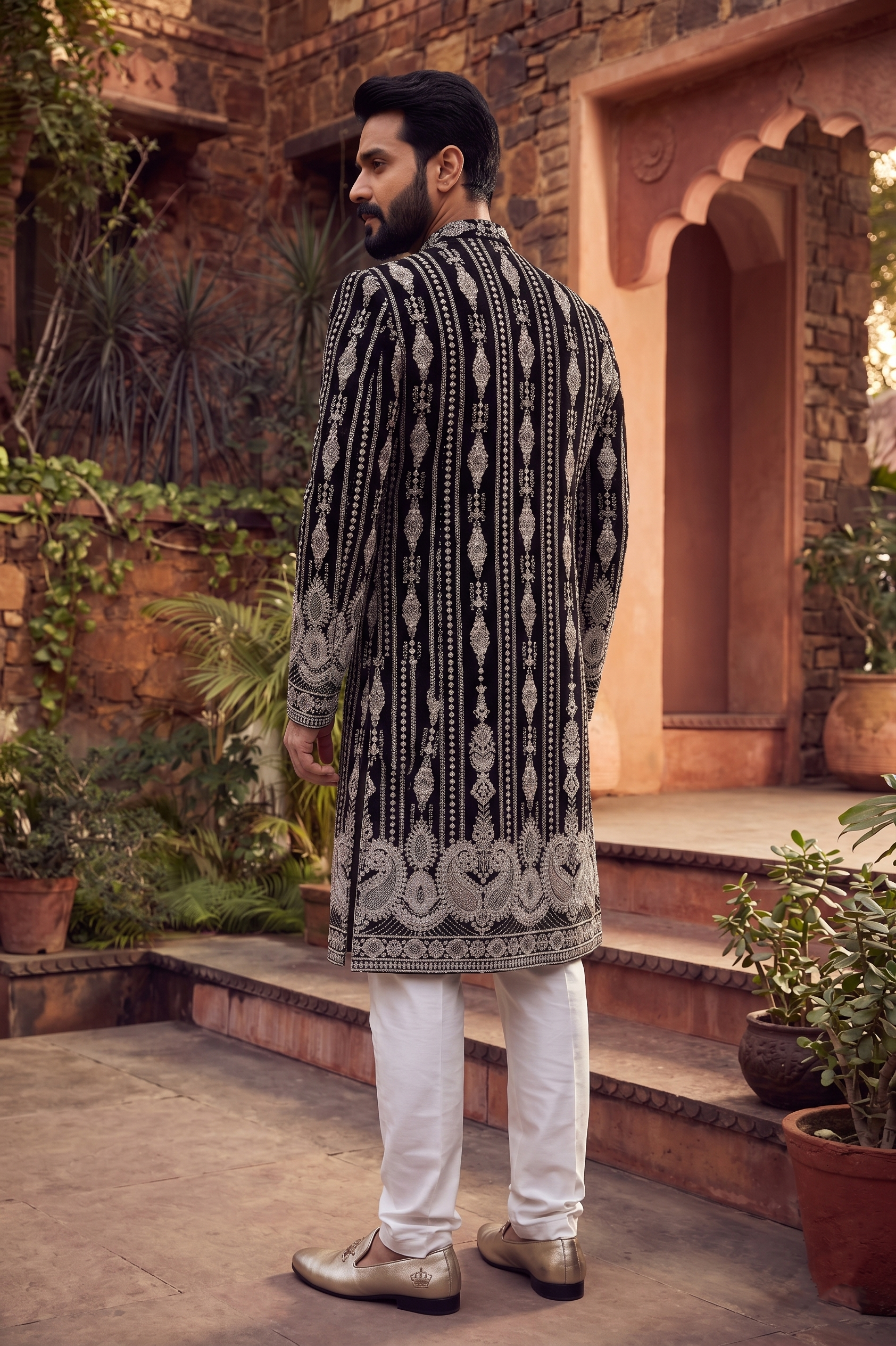Men's VELVET BLACK(MULTI & WHITE COLOUR EMBROIDRY)  SHERWANI